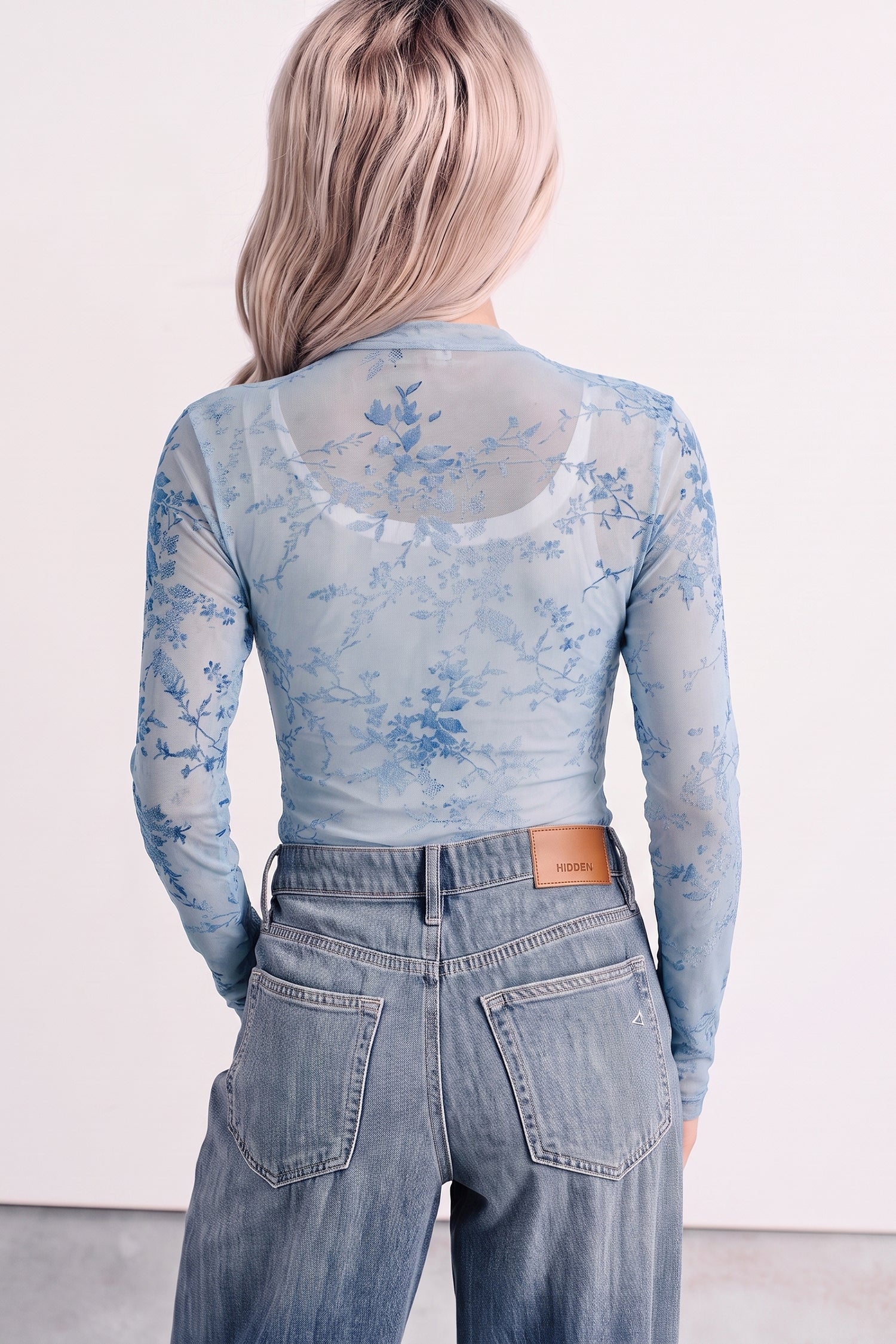 Sky Blue Sheer Mesh Floral Printed Mock Neck Long Sleeve Bodysuit