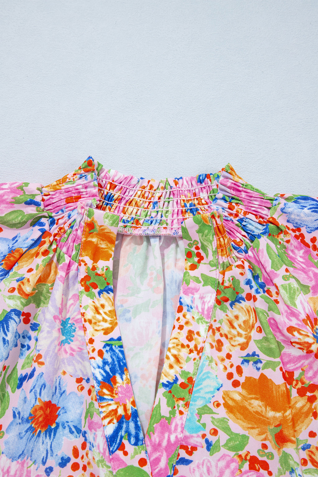 Pink Floral Print V Neck Short Sleeve Shift Blouse
