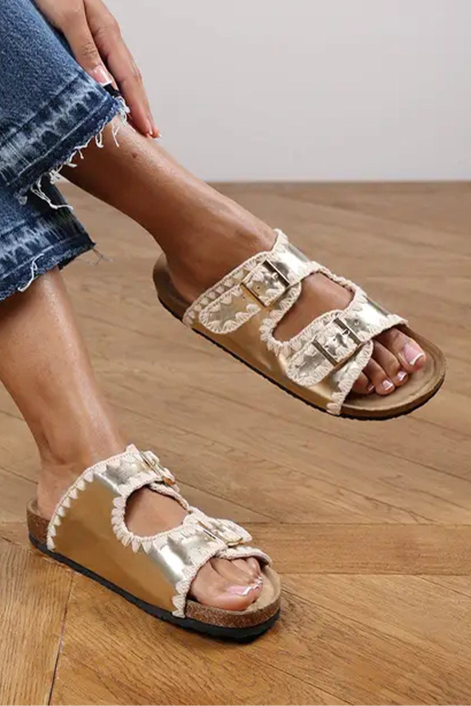 Gold PU Leather Contrast Stitch Flat Sliders