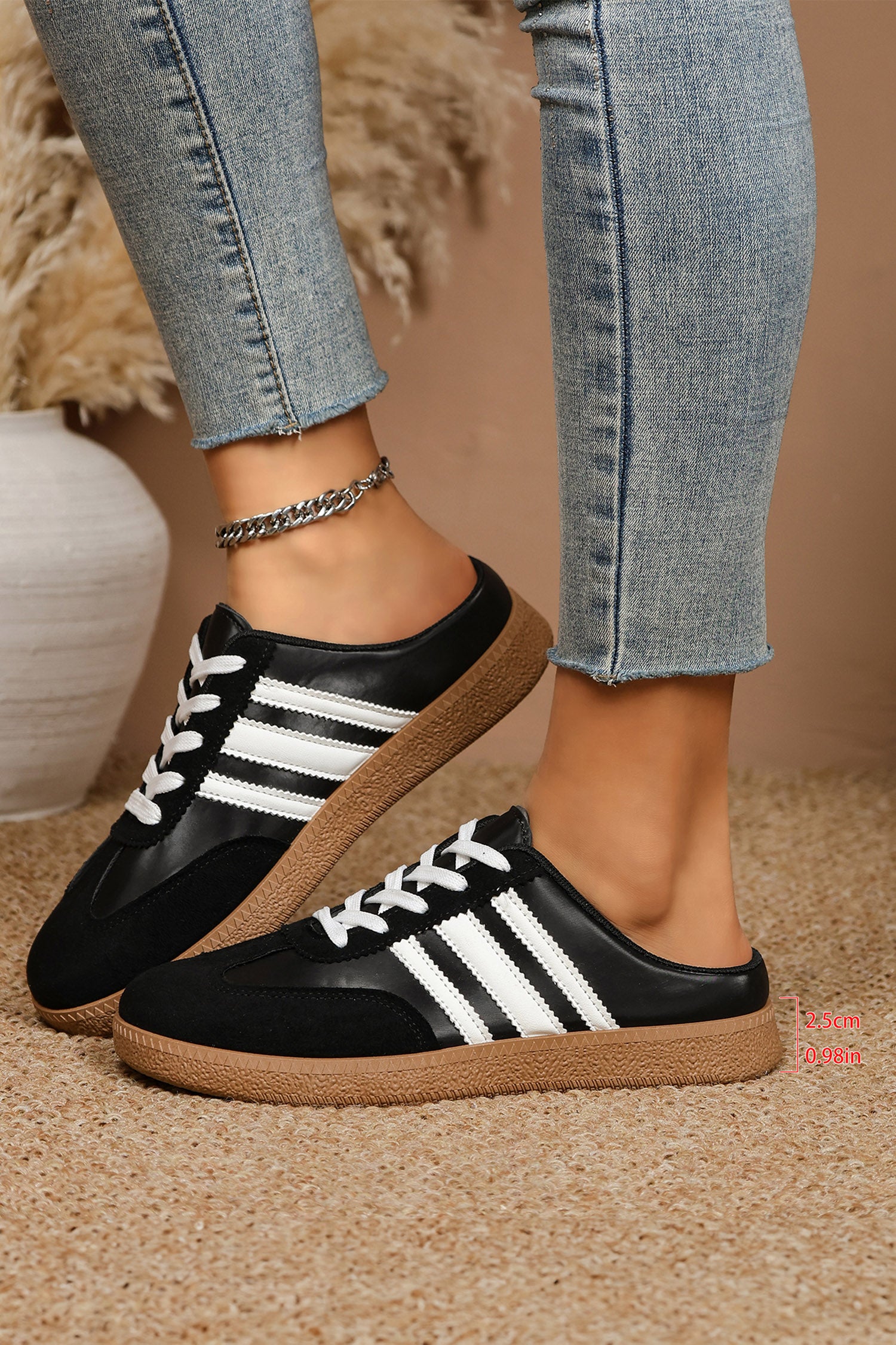 Color black PU Leather Color Block Varsity Lace Up Flat Shoes
