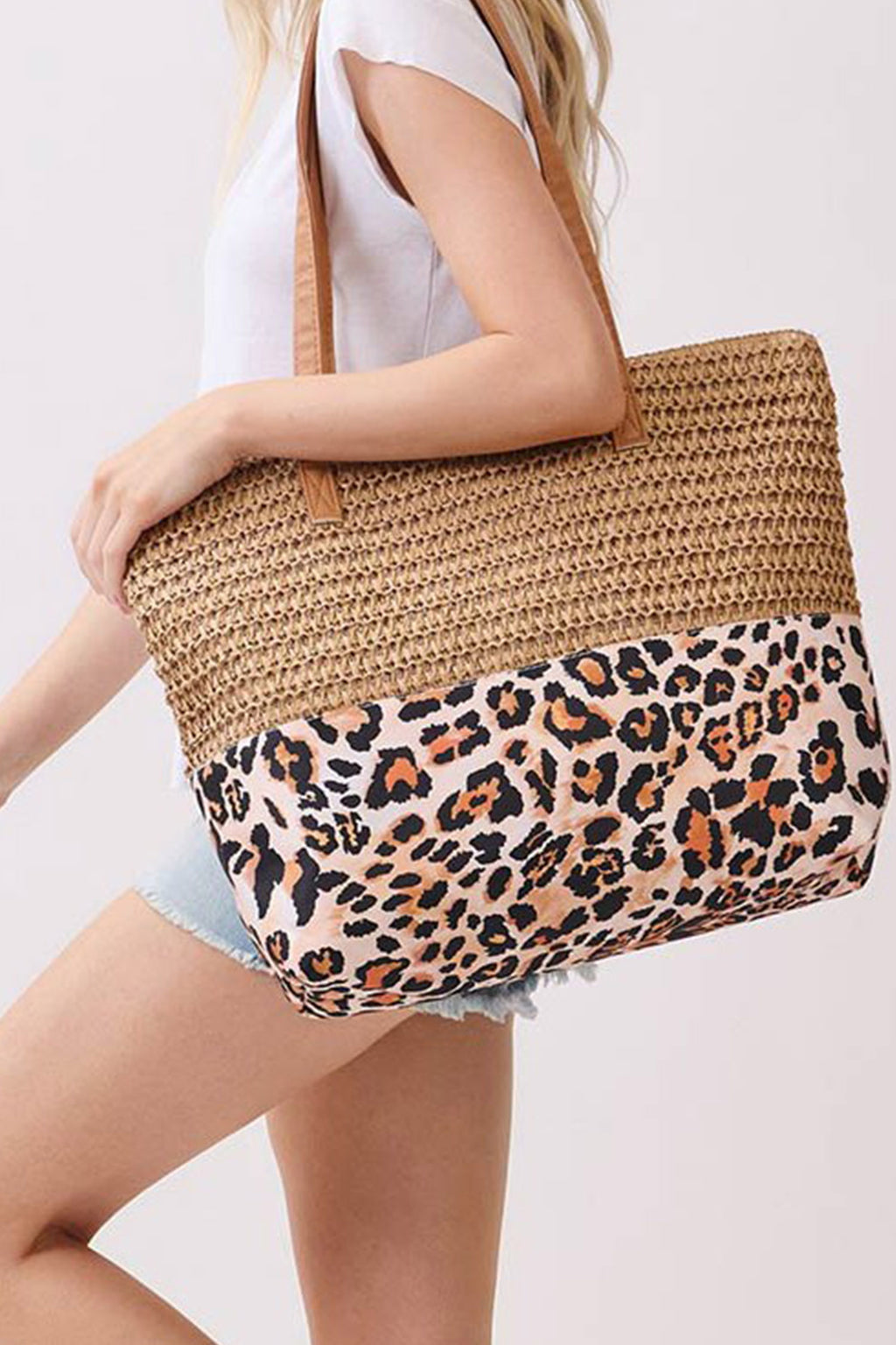 Thai Curry Straw Woven Leopard Patchwork Large Tote Bag