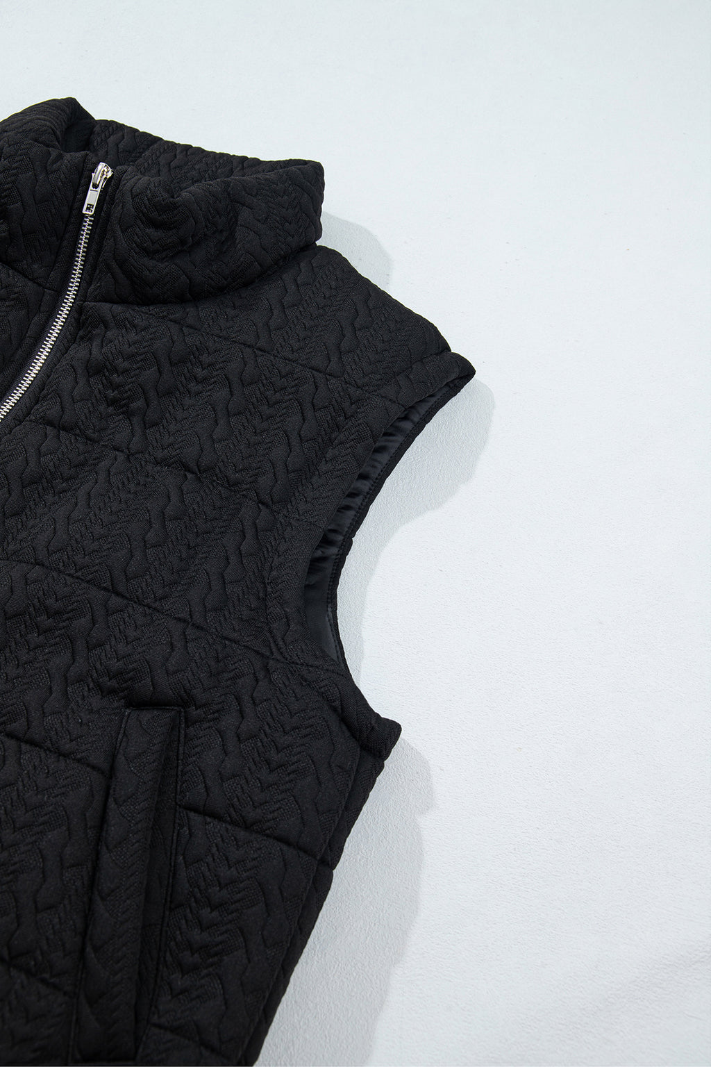 Black Textured Quilted Stand Neck Zipper Winter Vest