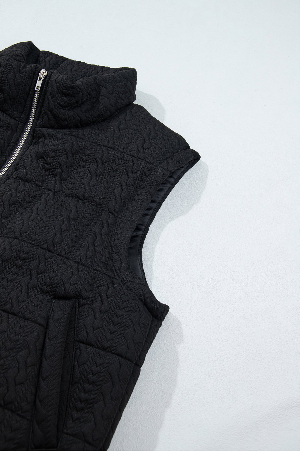 Black Textured Quilted Stand Neck Zipper Winter Vest