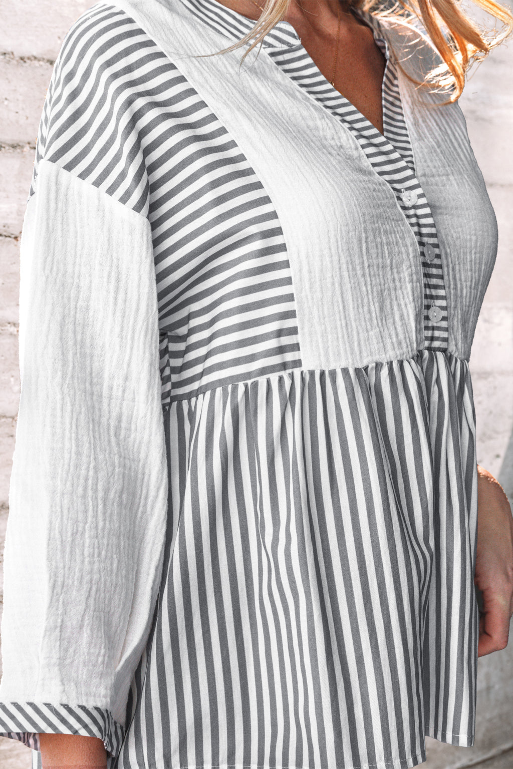 Gray Stripe Half Button Gauze Patchwork Bracelet Sleeve Babydoll Blouse
