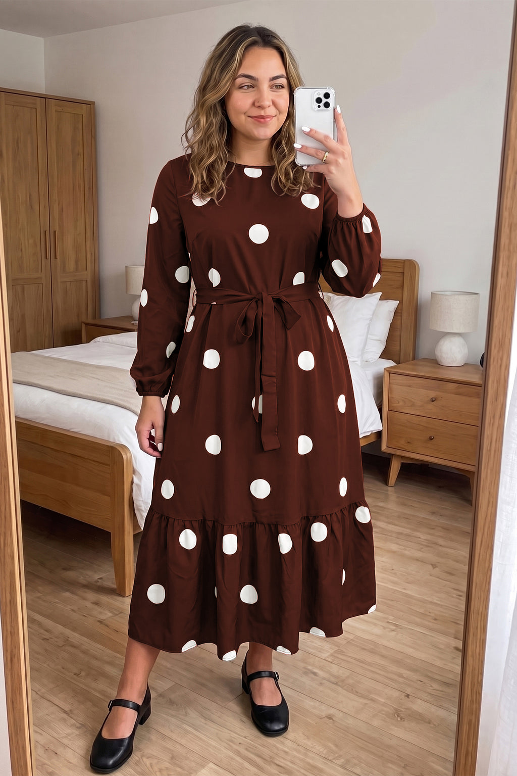 Brown Polka Dot Ruffled Hem Long Sleeve Tie Waist Plus Size Dress