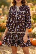 Brown Floral Print Shirred V Neck Shift Dress