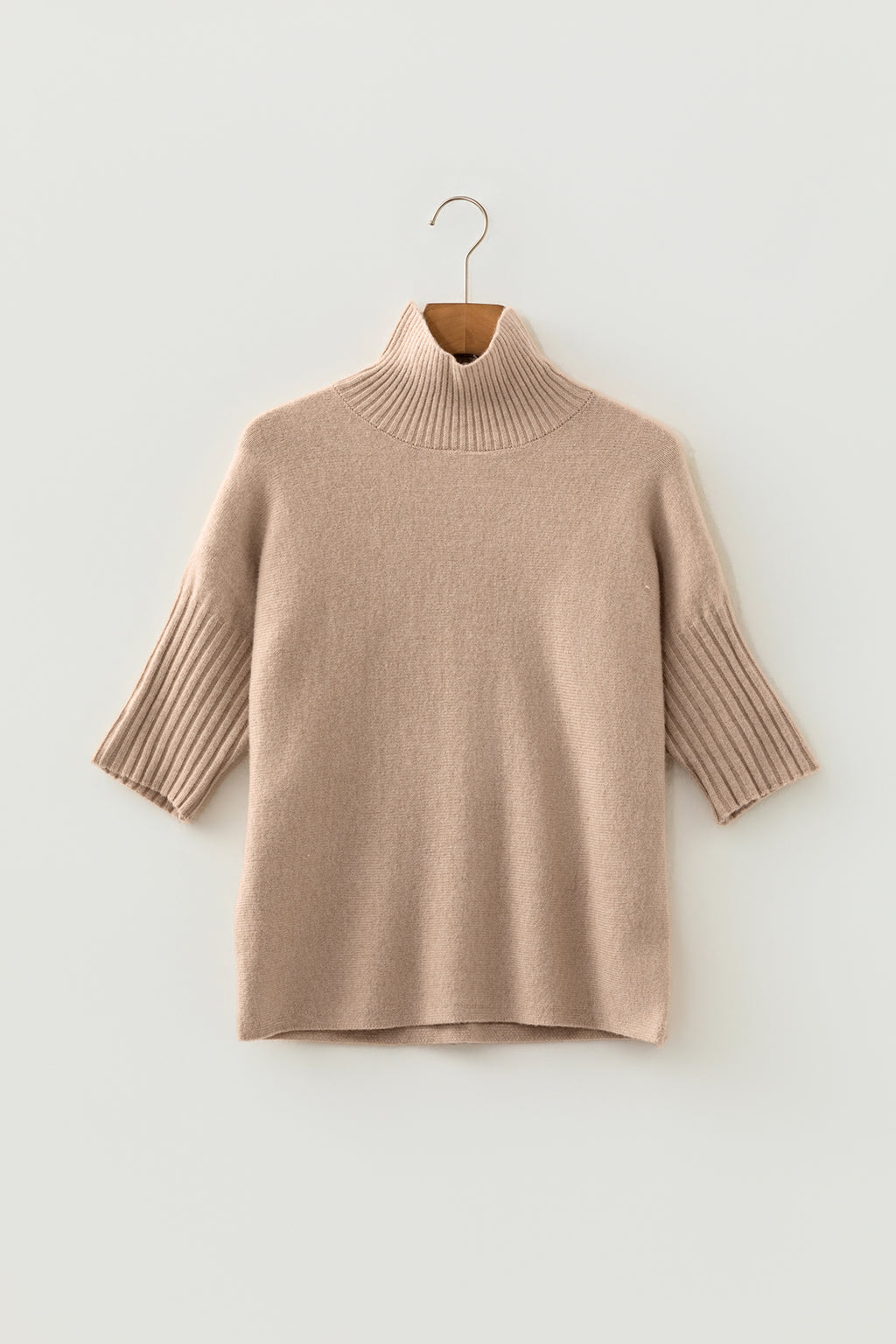 Beige High Neck Short Sleeve Solid Shift Sweater Regular Wash Casual Daily Wear