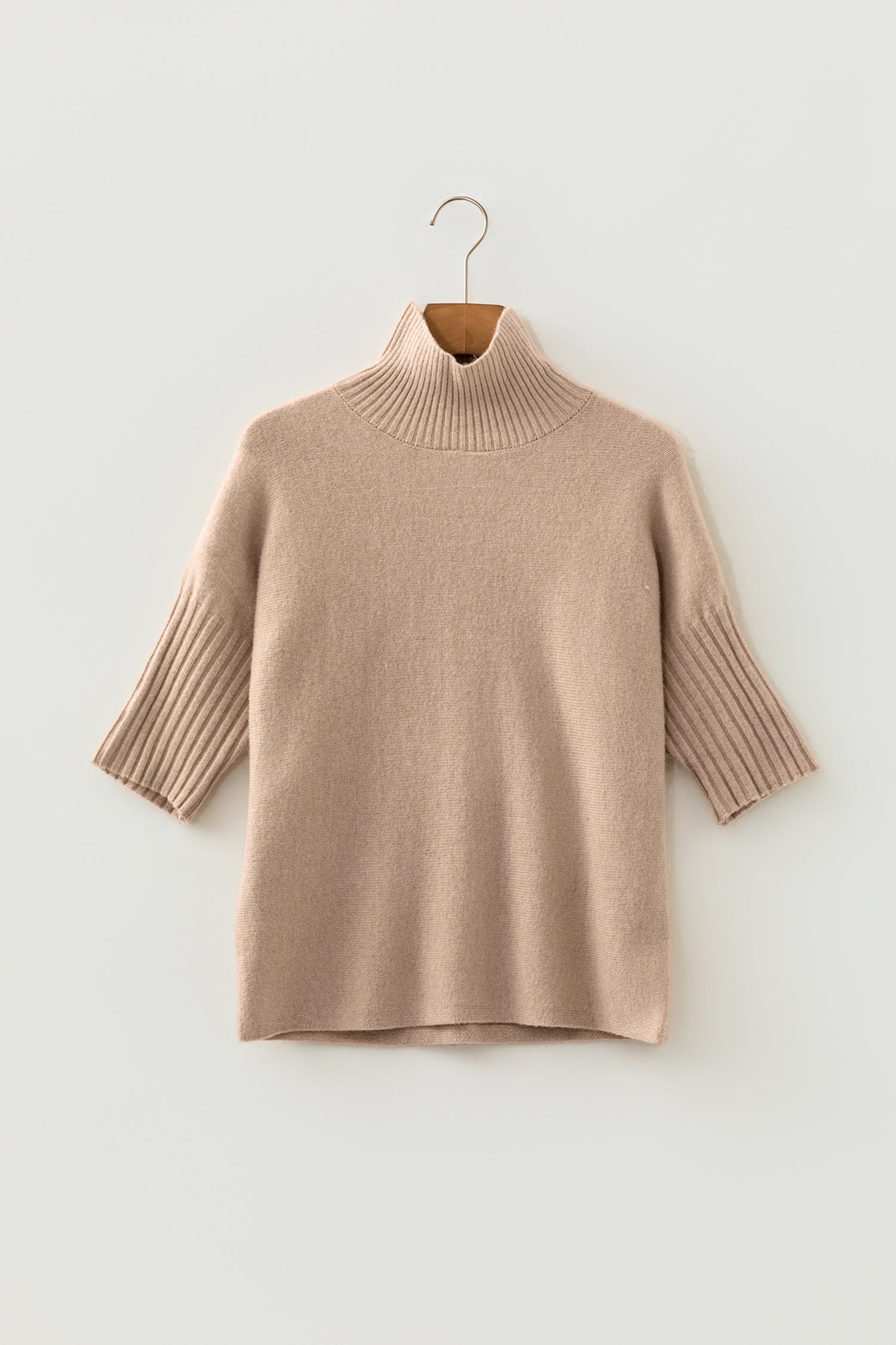 Beige High Neck Short Sleeve Solid Shift Sweater Regular Wash Casual Daily Wear