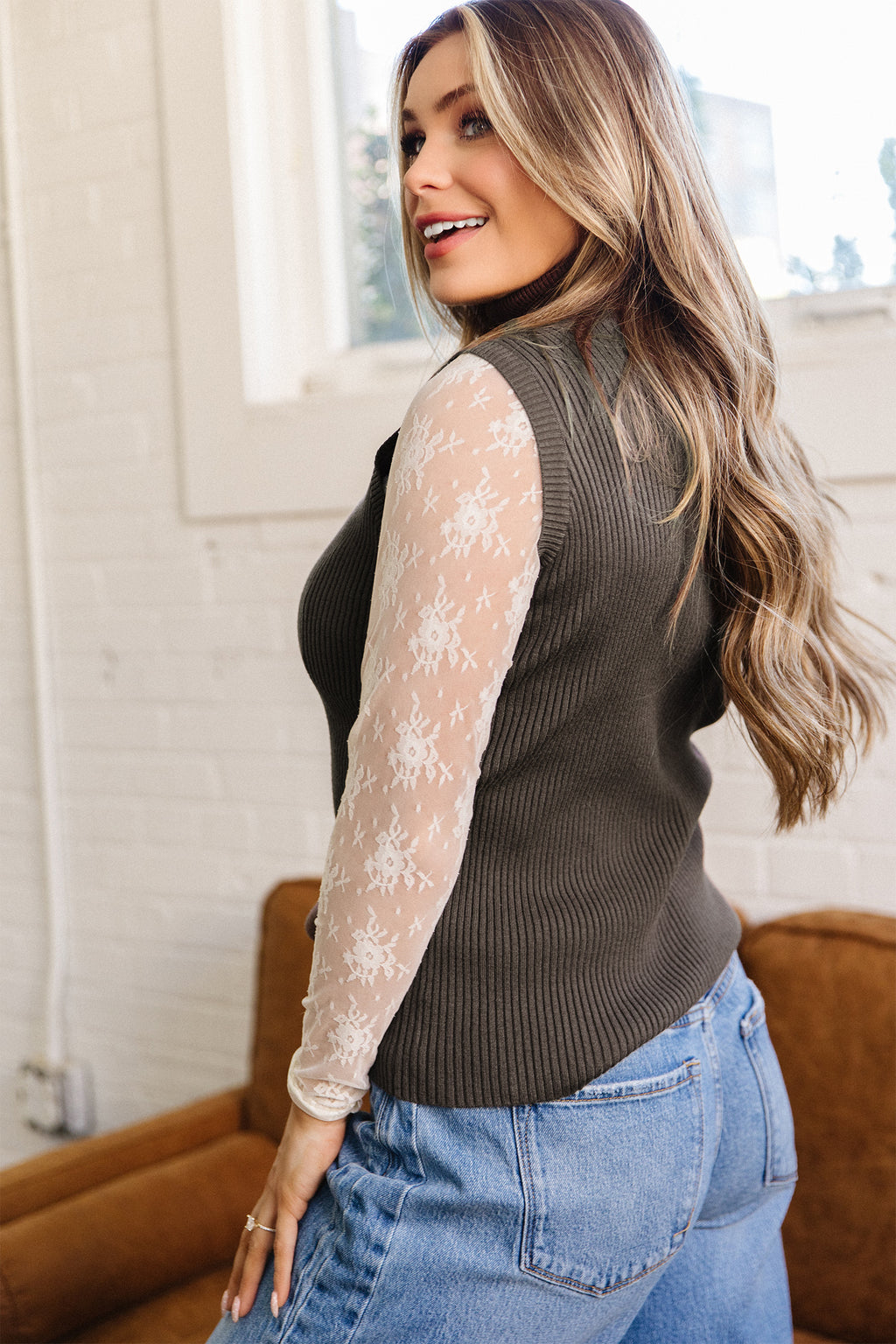 Chicory Coffee Western Ribbed Knit High Neck Sleeveless Waist Slim Fit Sweater Vest