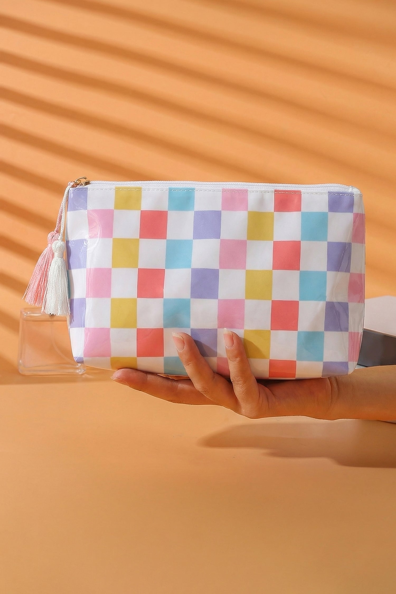 Carrot Striped Vinyl Waterproof Tassel Zipper Makeup Bag