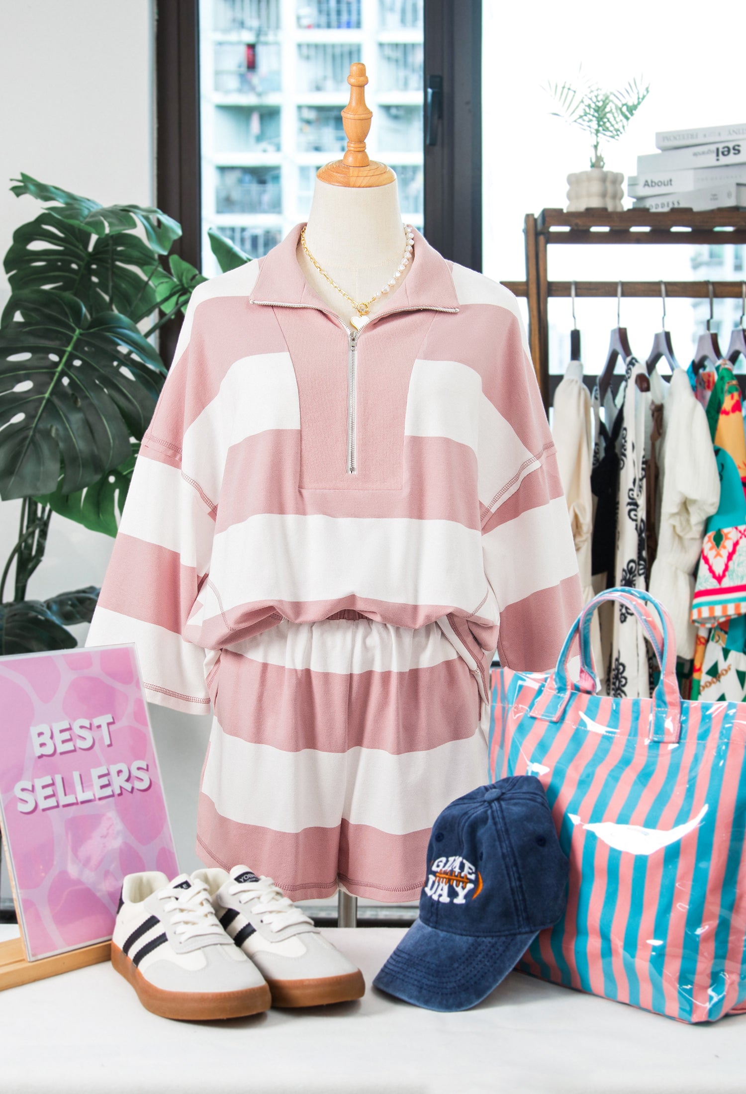 Pink Stripe Half Zip Bracelet Sleeve Top Casual Short Set