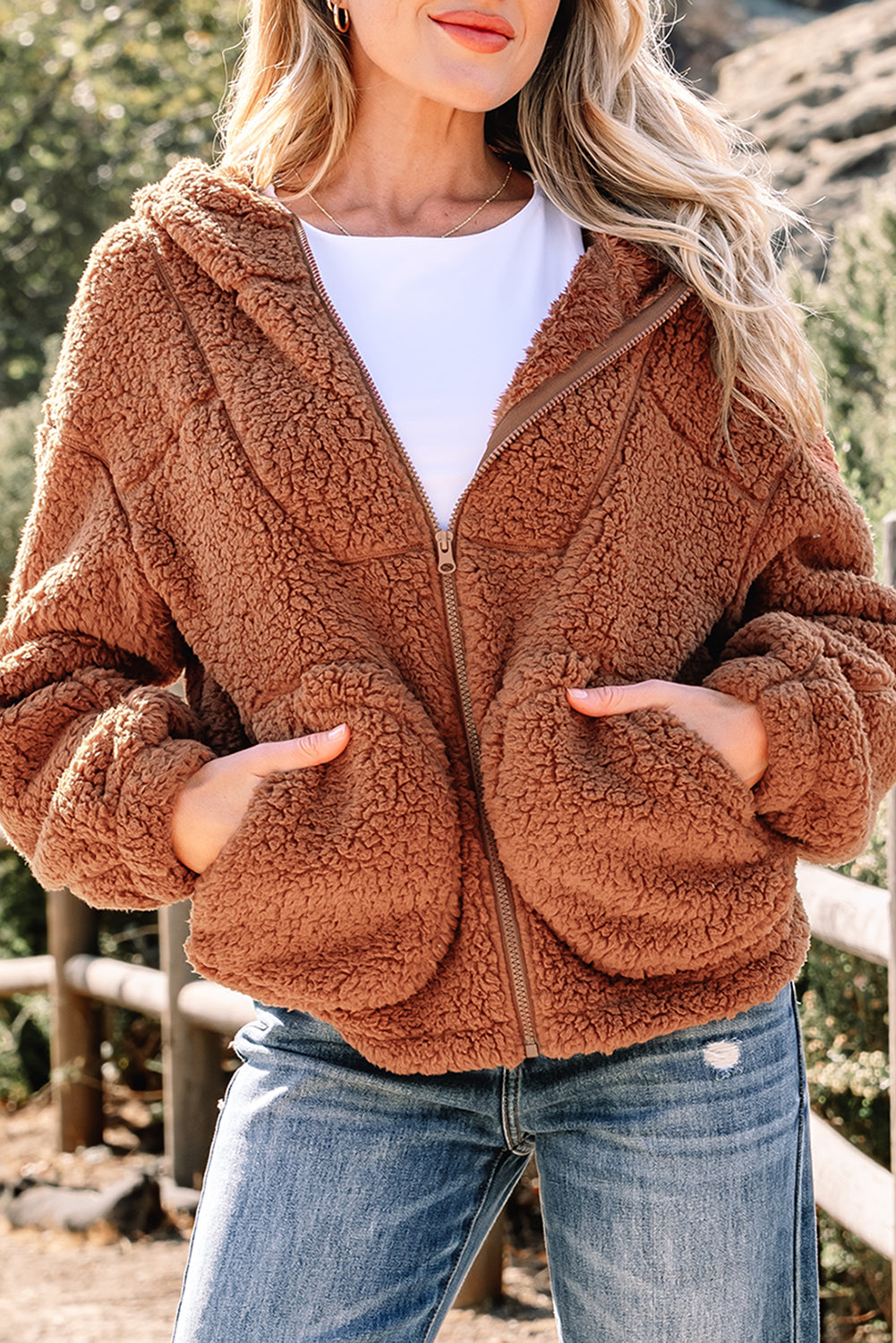Straw Yellow Zip Up Hooded Sherpa Jacket