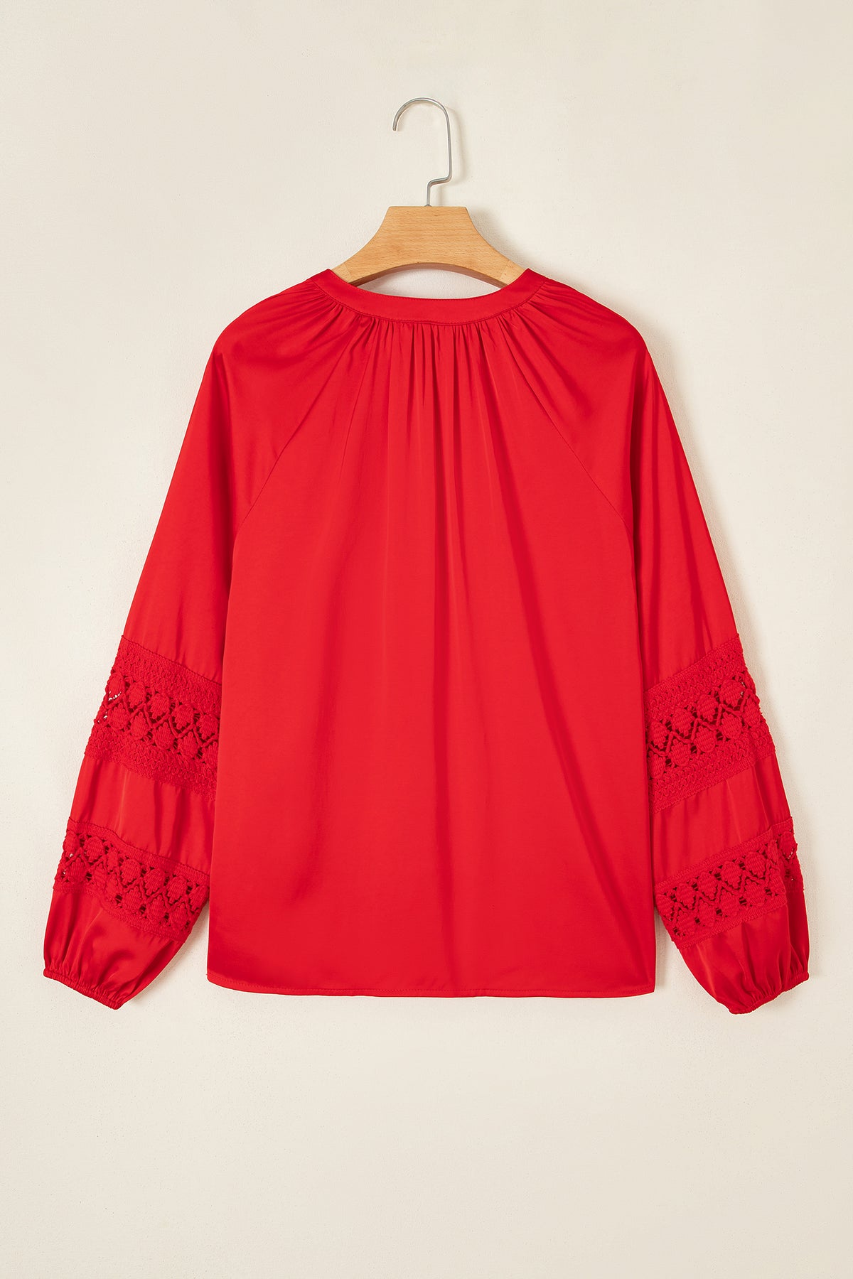 Fiery Red Patchwork Lace Long Sleeve V Neck Button Front Shirt