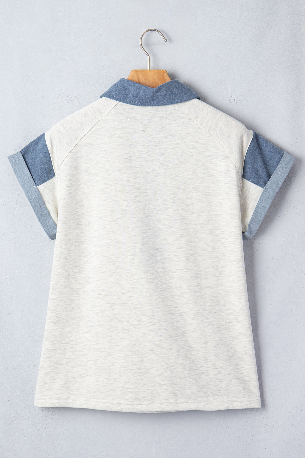 Light Grey Denim Color Block Patchwork Shirt Collar Short Sleeve Blouse