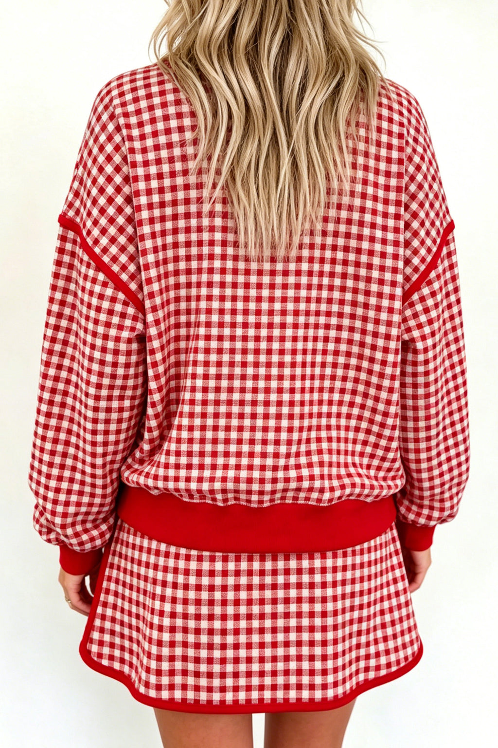 Red Gingham Oversized Ribbed Trim Crew Neck Long Sleeve Top and Skort Set