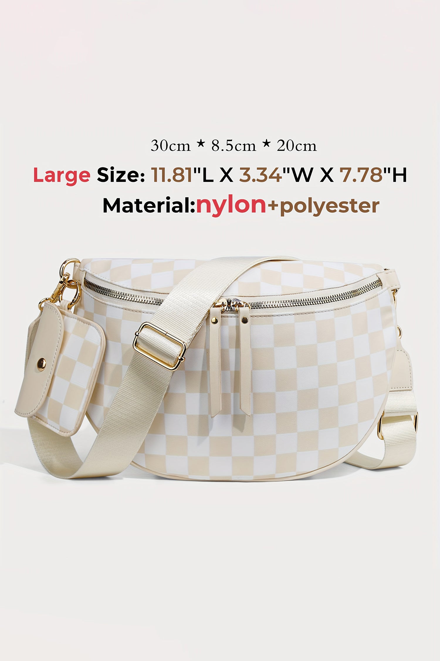 White Checkered Crescent Shoulder Bag with Detachable Pouch
