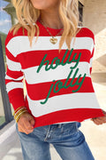 Red Stripe holly jolly Letter Embroidered Pullover Sweatshirt