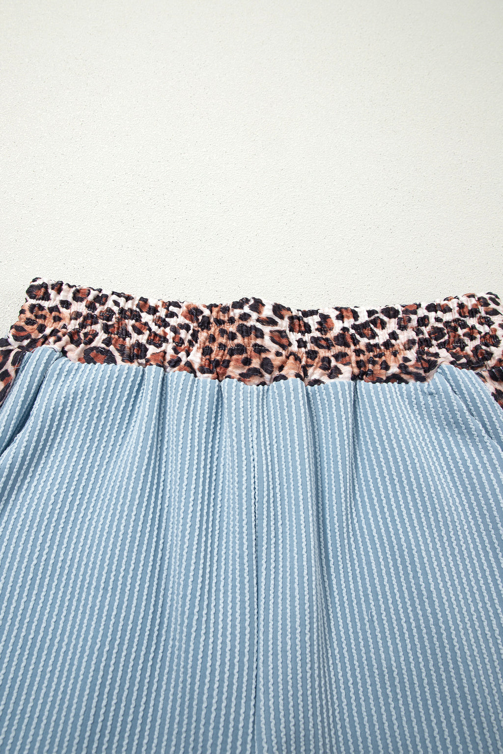 Sky Blue Leopard Trim Twist Ribbed Short Set