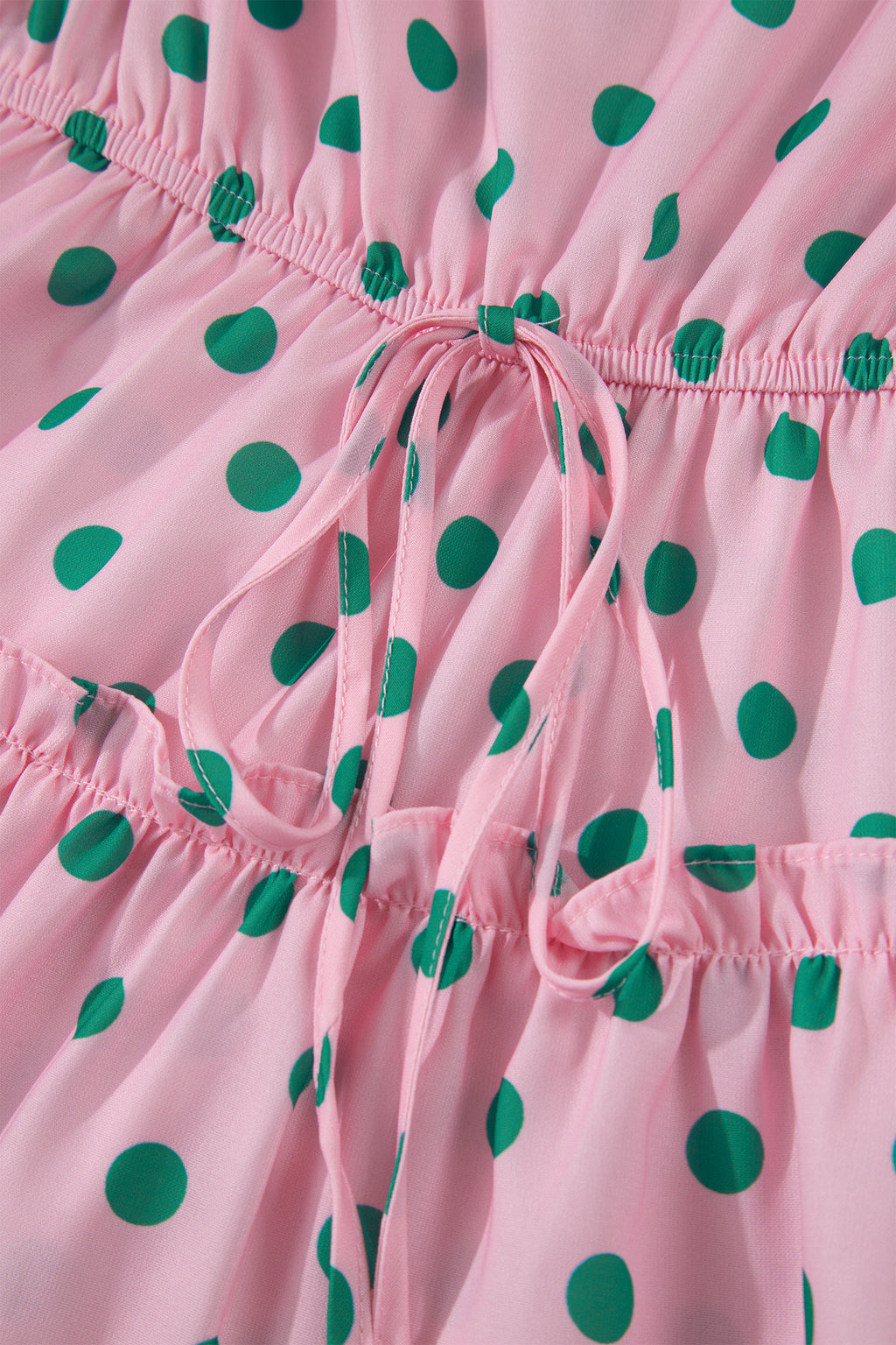 Pink V Neck Polka Dot Print Drawstring Tiered Babydoll Blouse