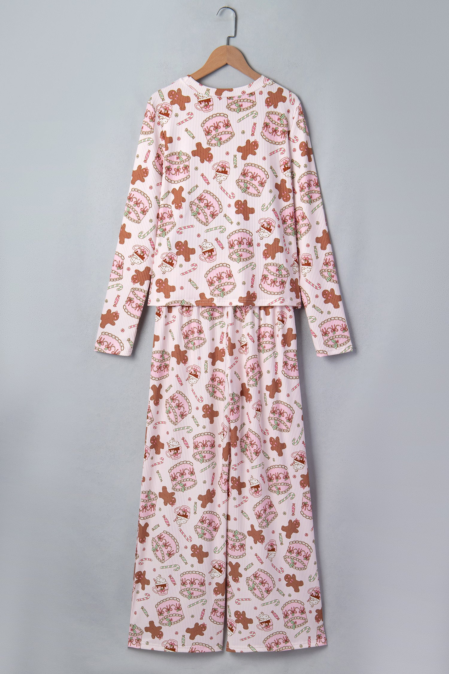 Pink Abstract Christmas Print Long Sleeve Two Piece Lounge Set