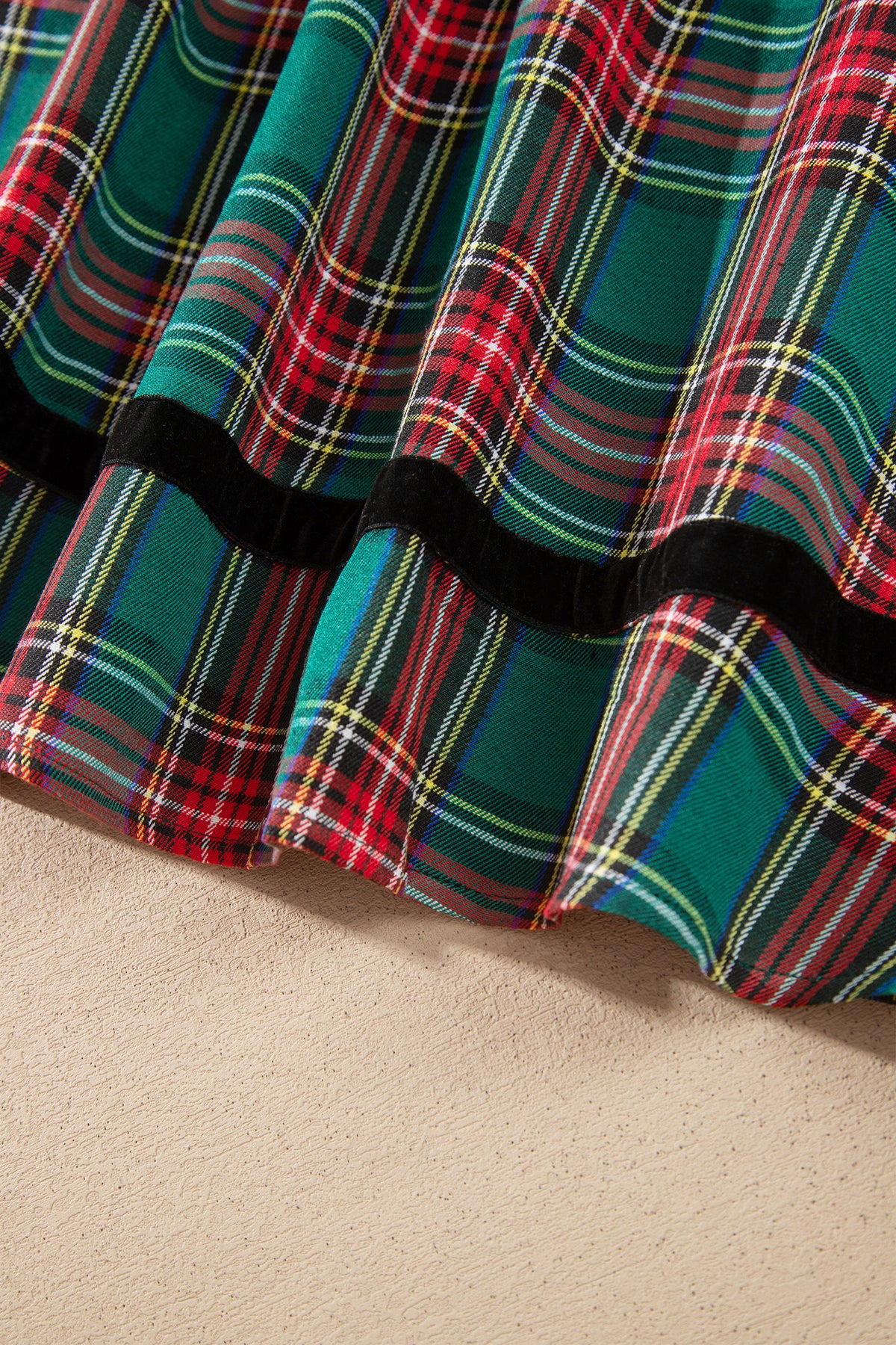 Green Plaid Velvet Trim Pockets Short Shift Dress