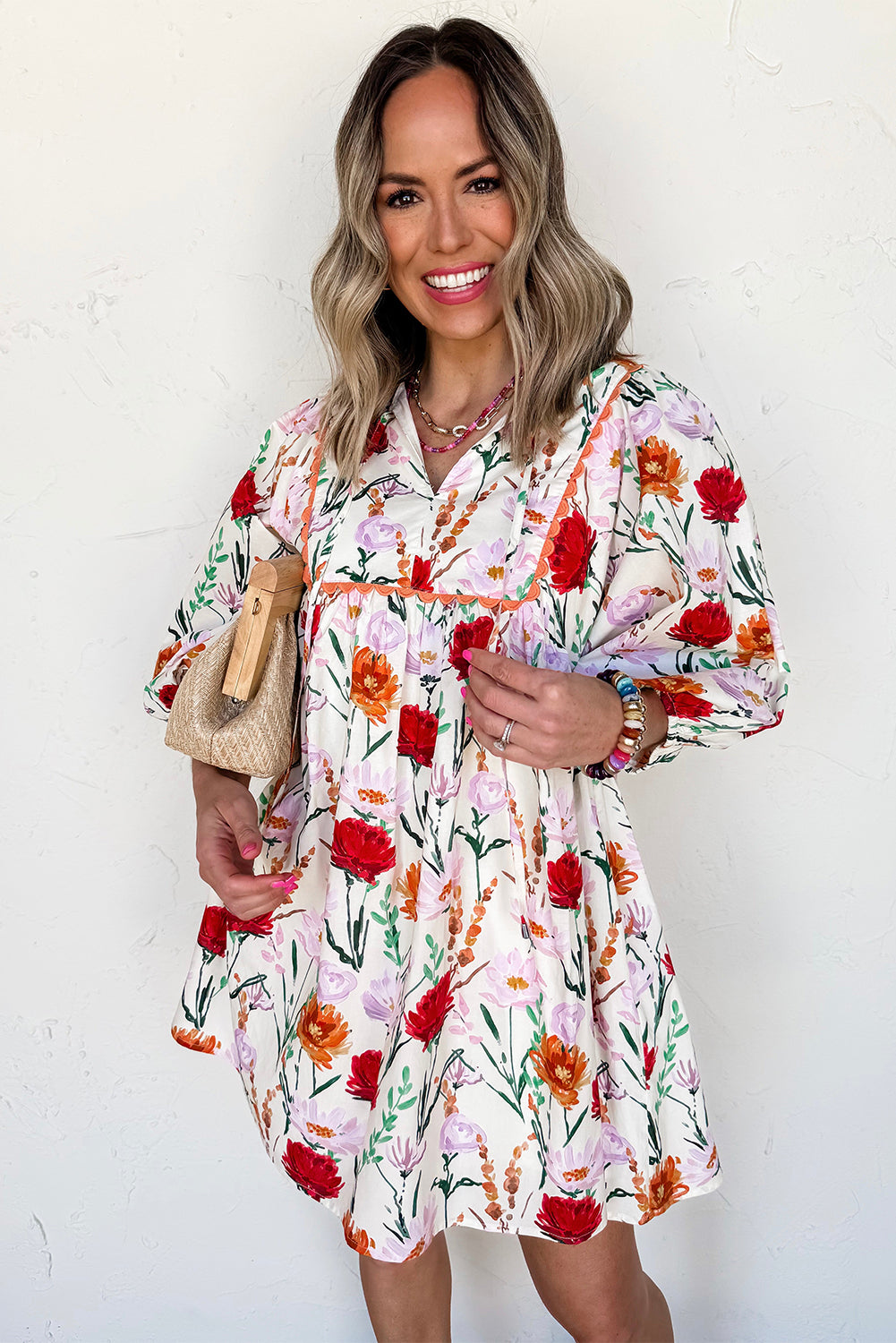 Beige Floral Print 3/4 Puff Sleeve Ricrac Trim Mini Dress