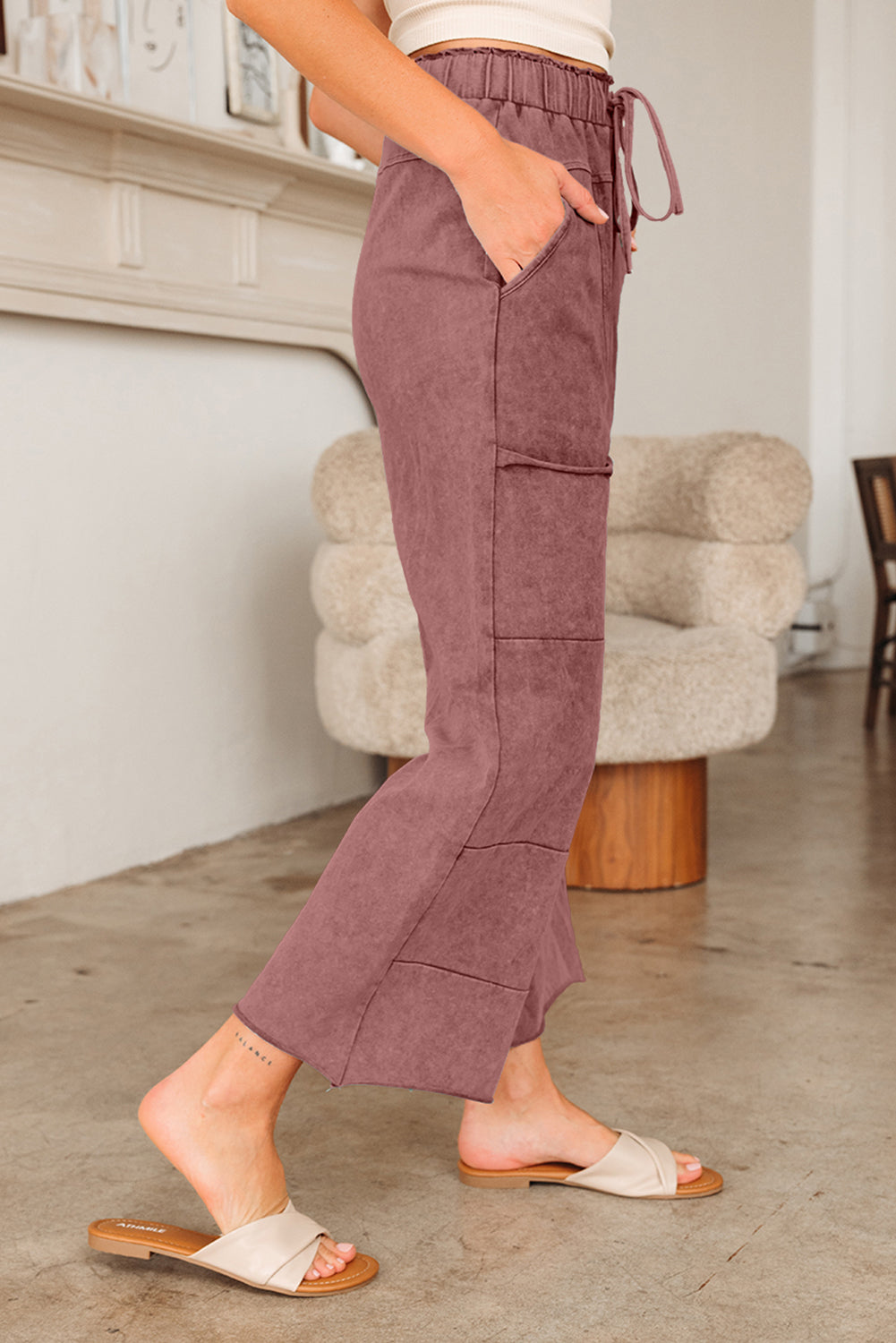 Wild Ginger Mineral Wash Lace-up High Waist Raw Hem Patched Pocket Pants
