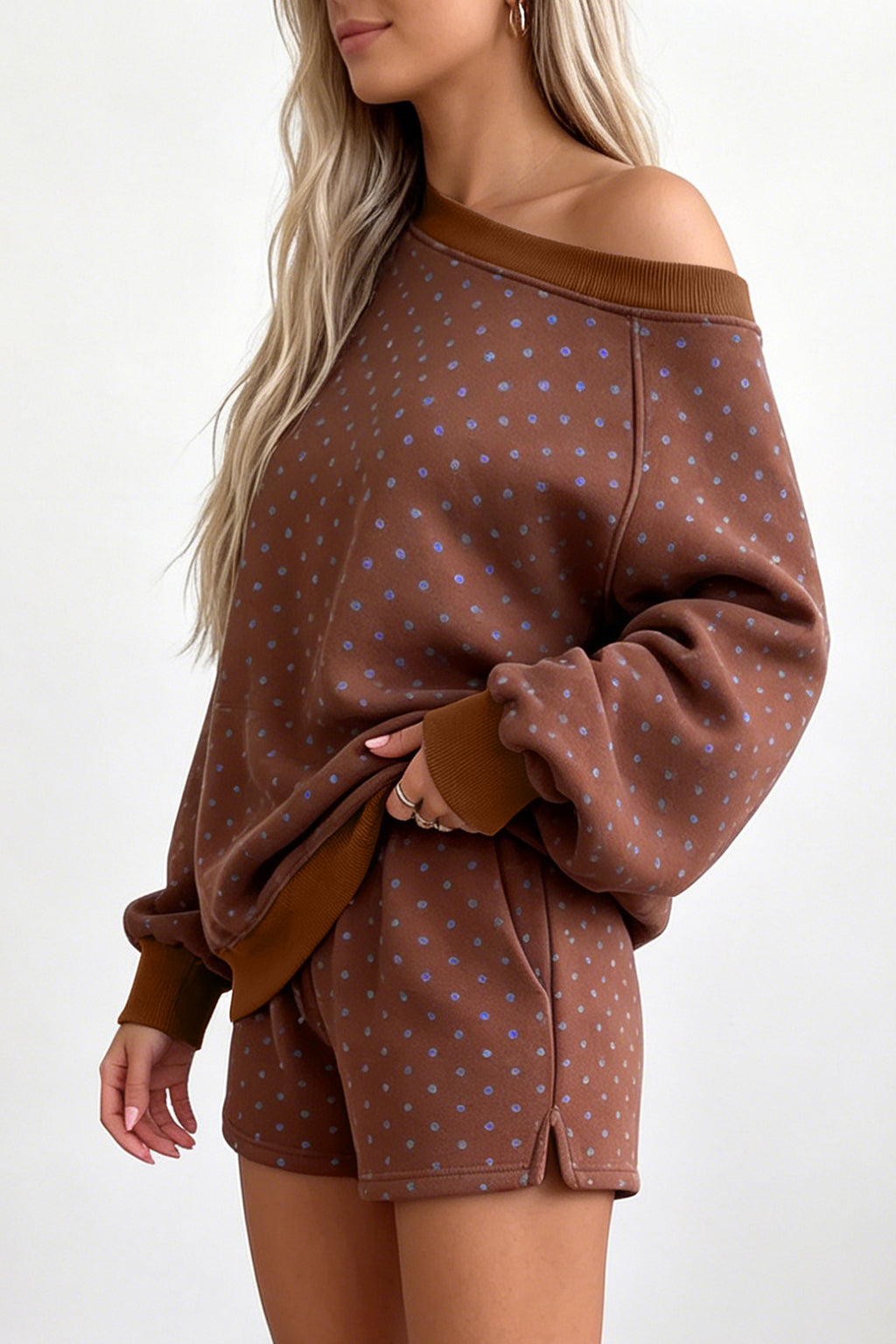 Brown Polka Dot Relaxed Long Sleeve Top Drawstring Shorts 2pcs Sets