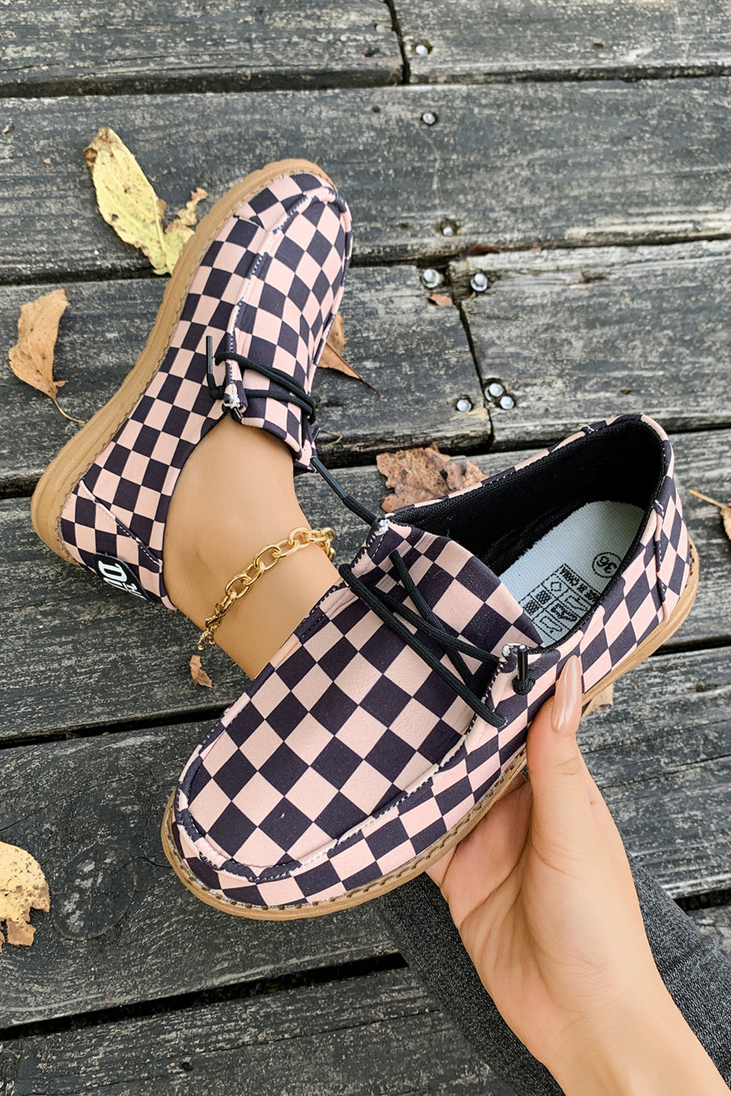 Dark Brown Checkered Print PU Leather Lace Up Detail Flat Shoes