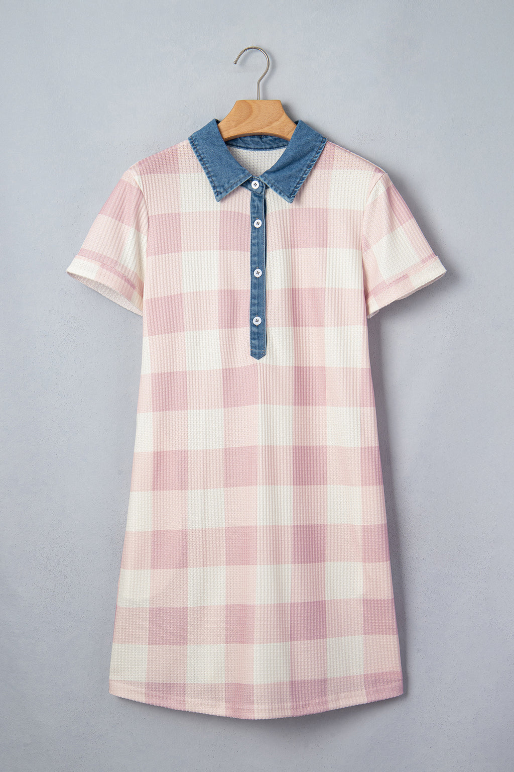 Pink Waffle Plaid Print Contrast Denim Shirt Collar Buttoned T Shirt Mini Dress