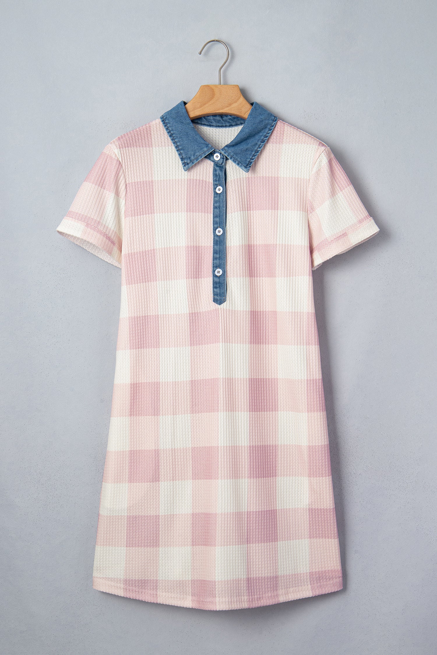 Pink Waffle Plaid Print Contrast Denim Shirt Collar Buttoned T Shirt Mini Dress