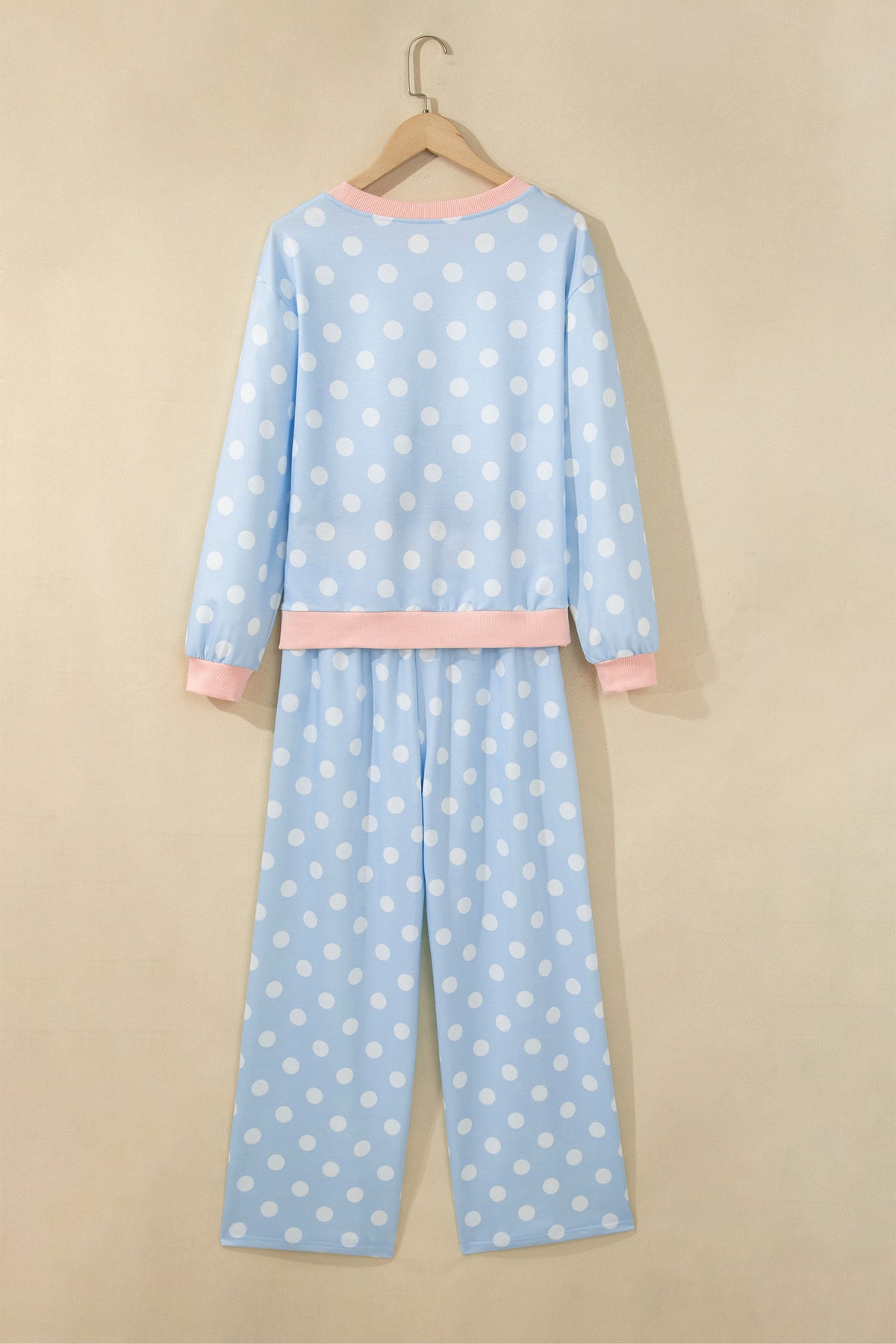 Pink Polka Dot Contrast Trim Long Sleeve Top Drawstring Shift Pants Set