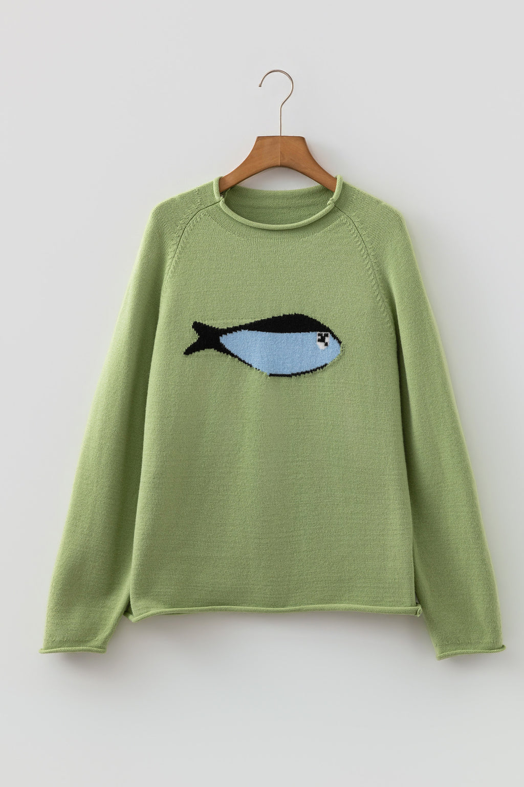Meadow Mist Green Unique Fish Knit Oversized Round Neck Sweater