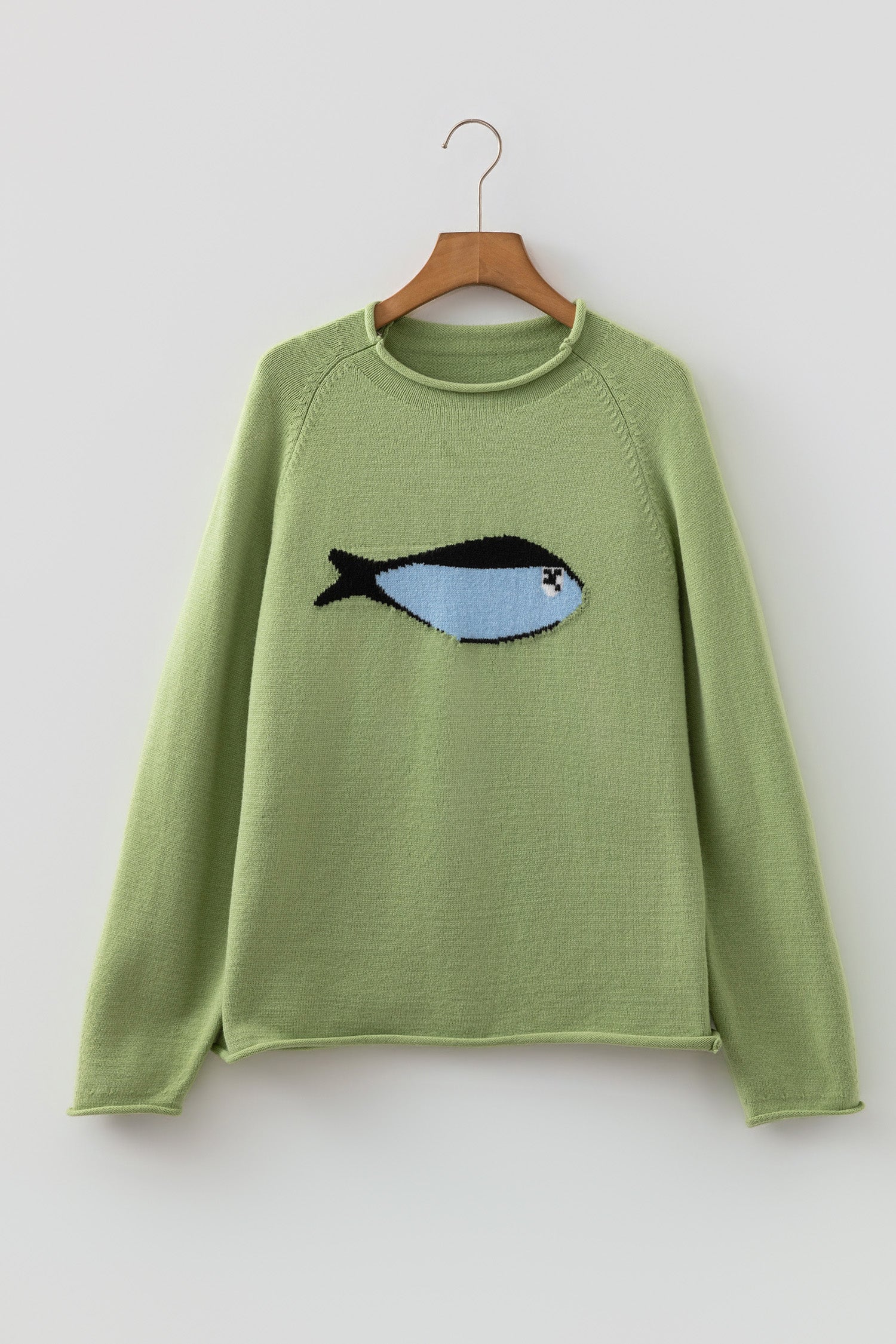 Meadow Mist Green Unique Fish Knit Oversized Round Neck Sweater