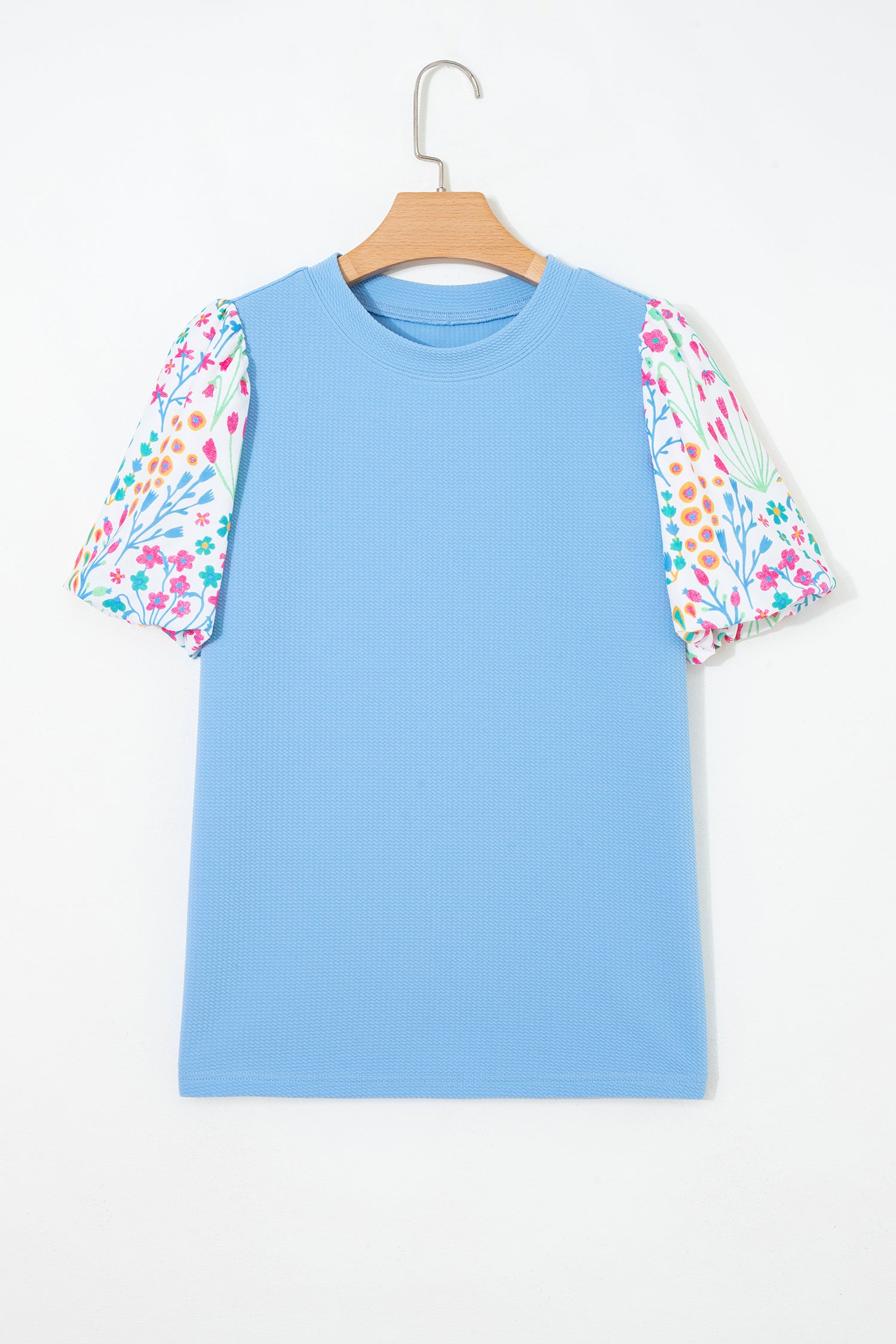 Light Blue Round Neck Textured Contrast Floral Bubble Sleeve Blouse