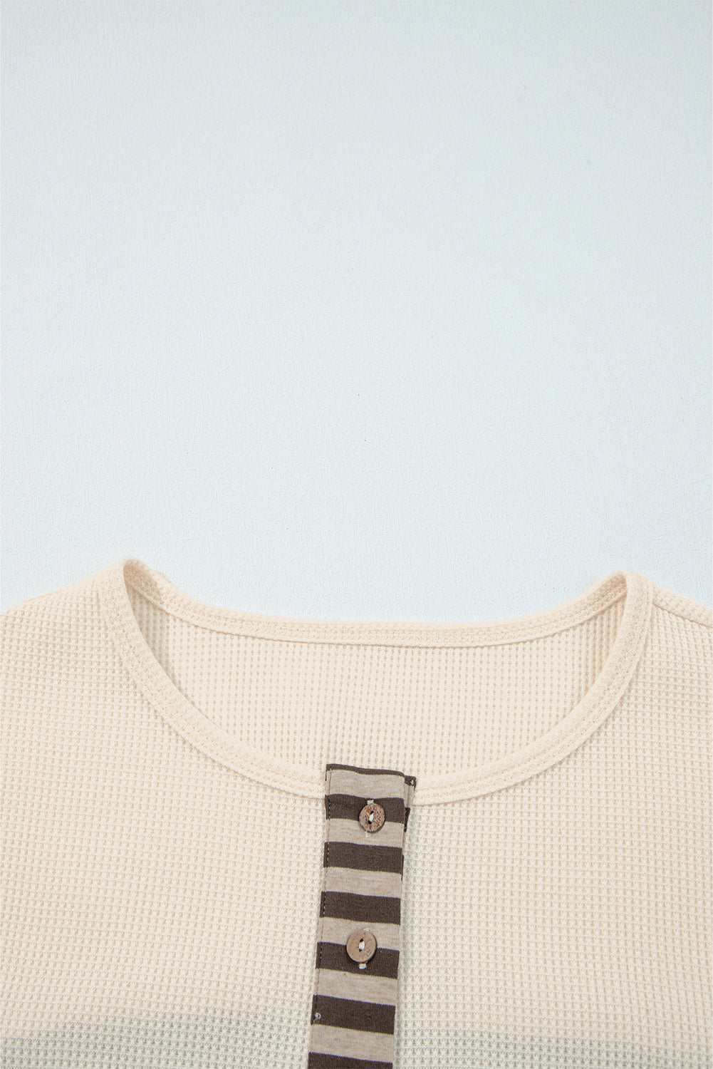 Beige Waffle Stripe Plaid Patchwork Henley Knit Top