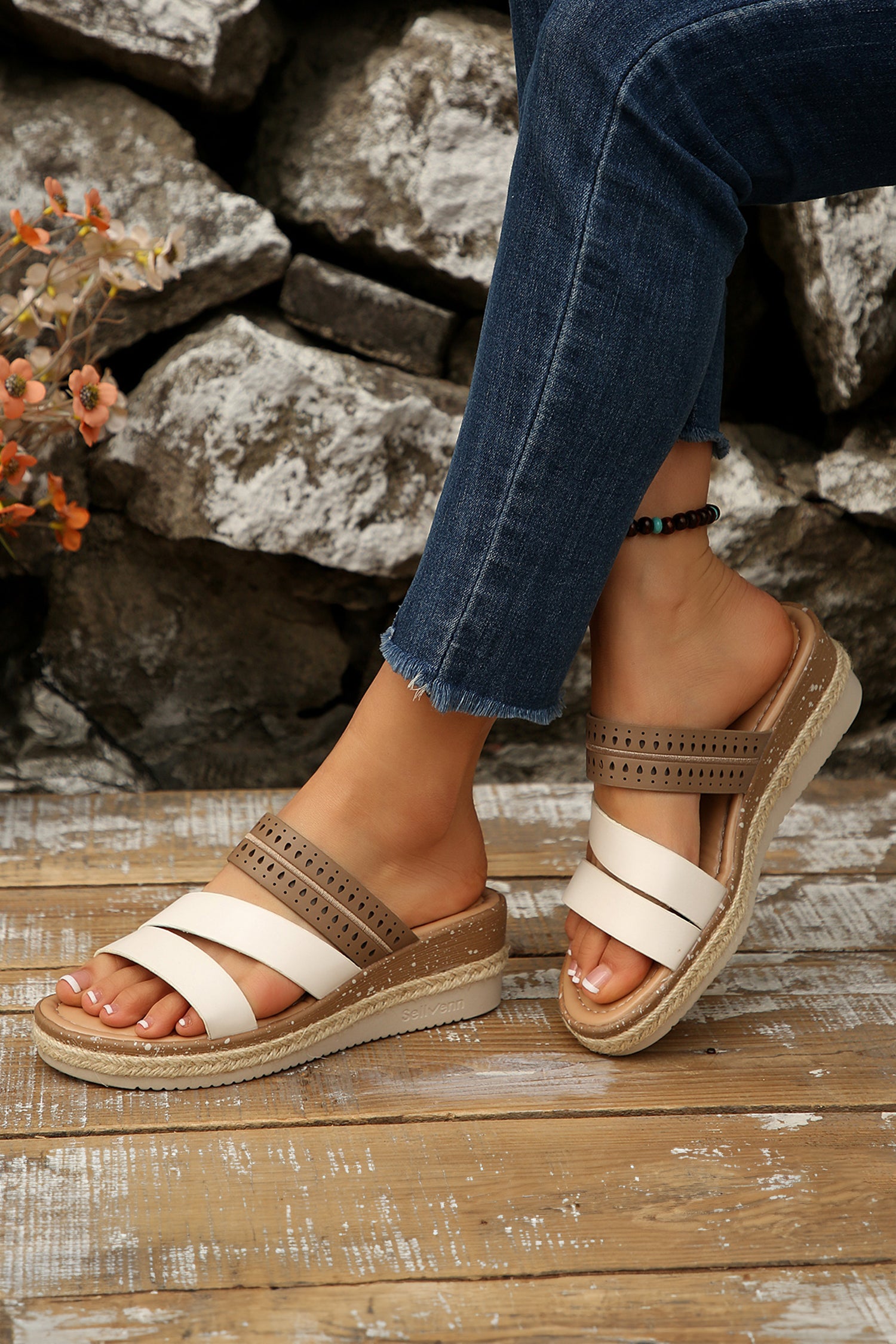 Coffee Hollowed Detail Color Block Straps Platform Wedge Slippers
