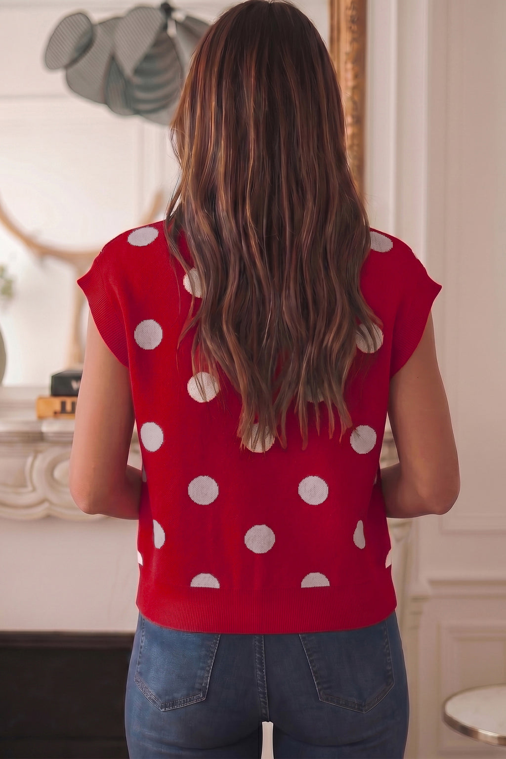 Red Relaxed Polka Dot Print Decorated Button Sweater Vest
