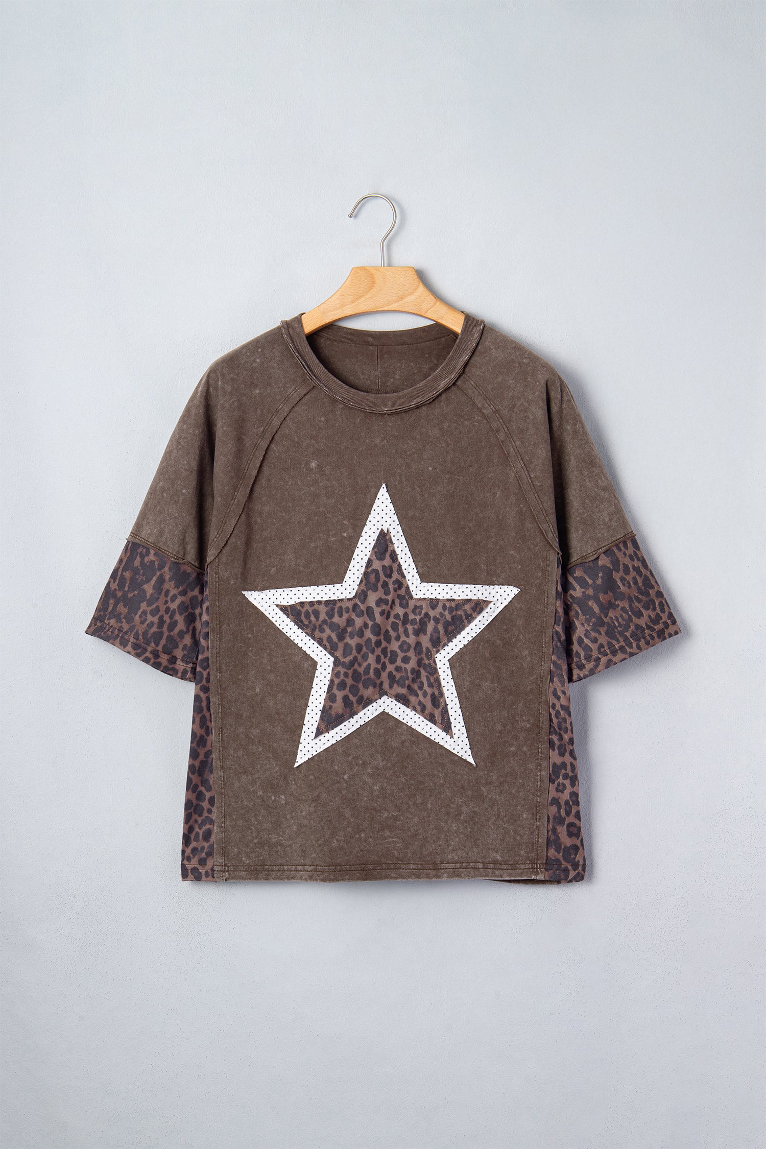 Coffee Mineral Wash Exposed Seam Leopard Star Patched T Shirt