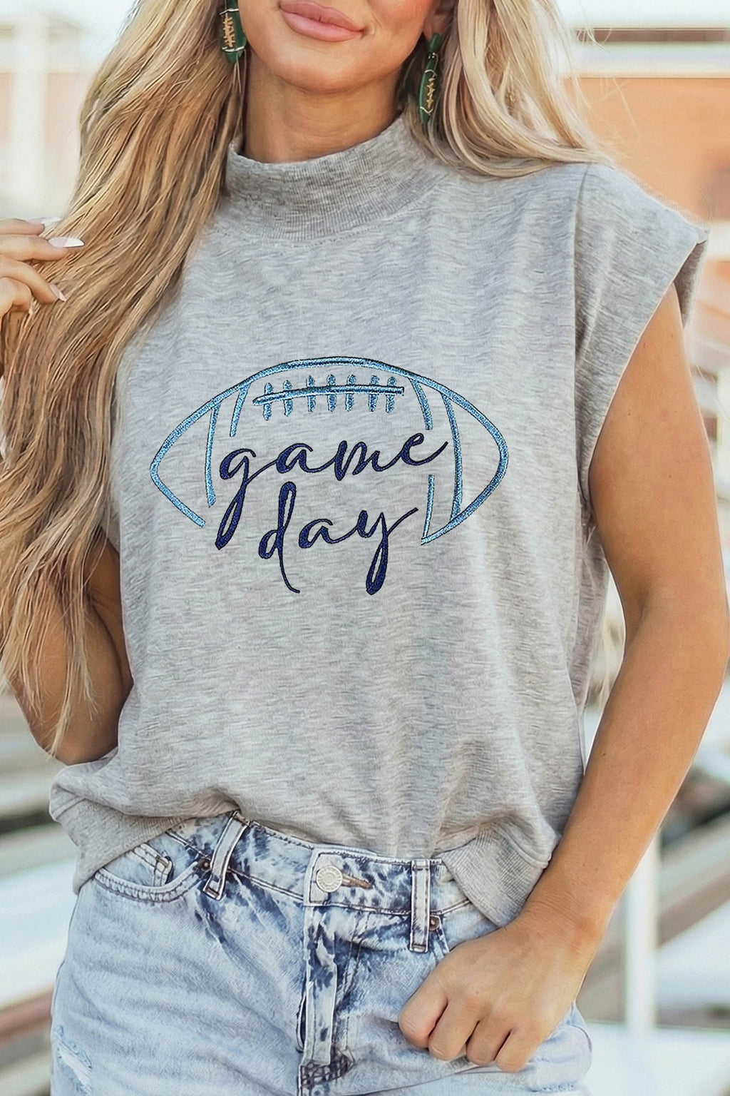Light Grey Embroidered Game Day Football High Neck Short Sleeve Top