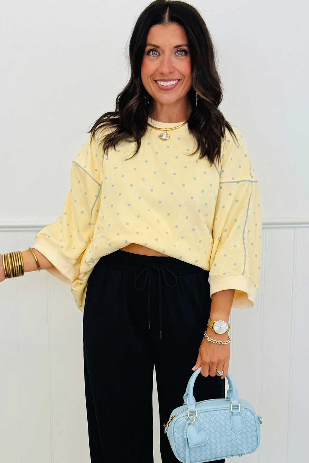 Yellow Polka Dot Print Piping Trim 3/4 Sleeve Relaxed Top