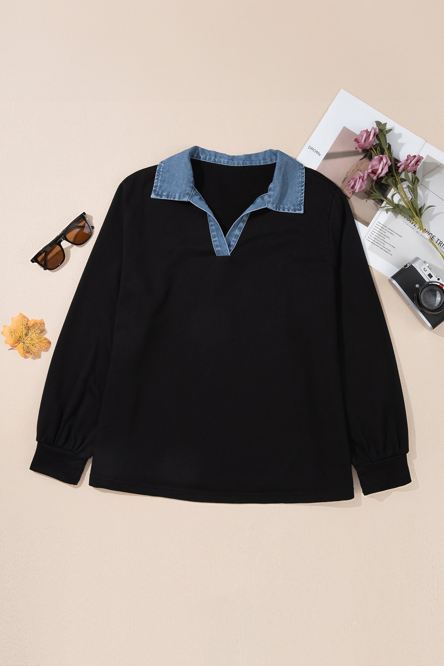 Black Solid V Neck Tunic Shift Long Sleeve Plus Size Blouse