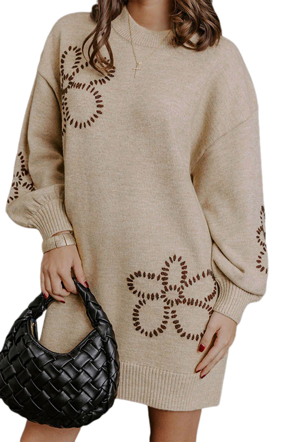 Parchment Floral Pattern Round Neck Puff Sleeve Shift Sweater Dress