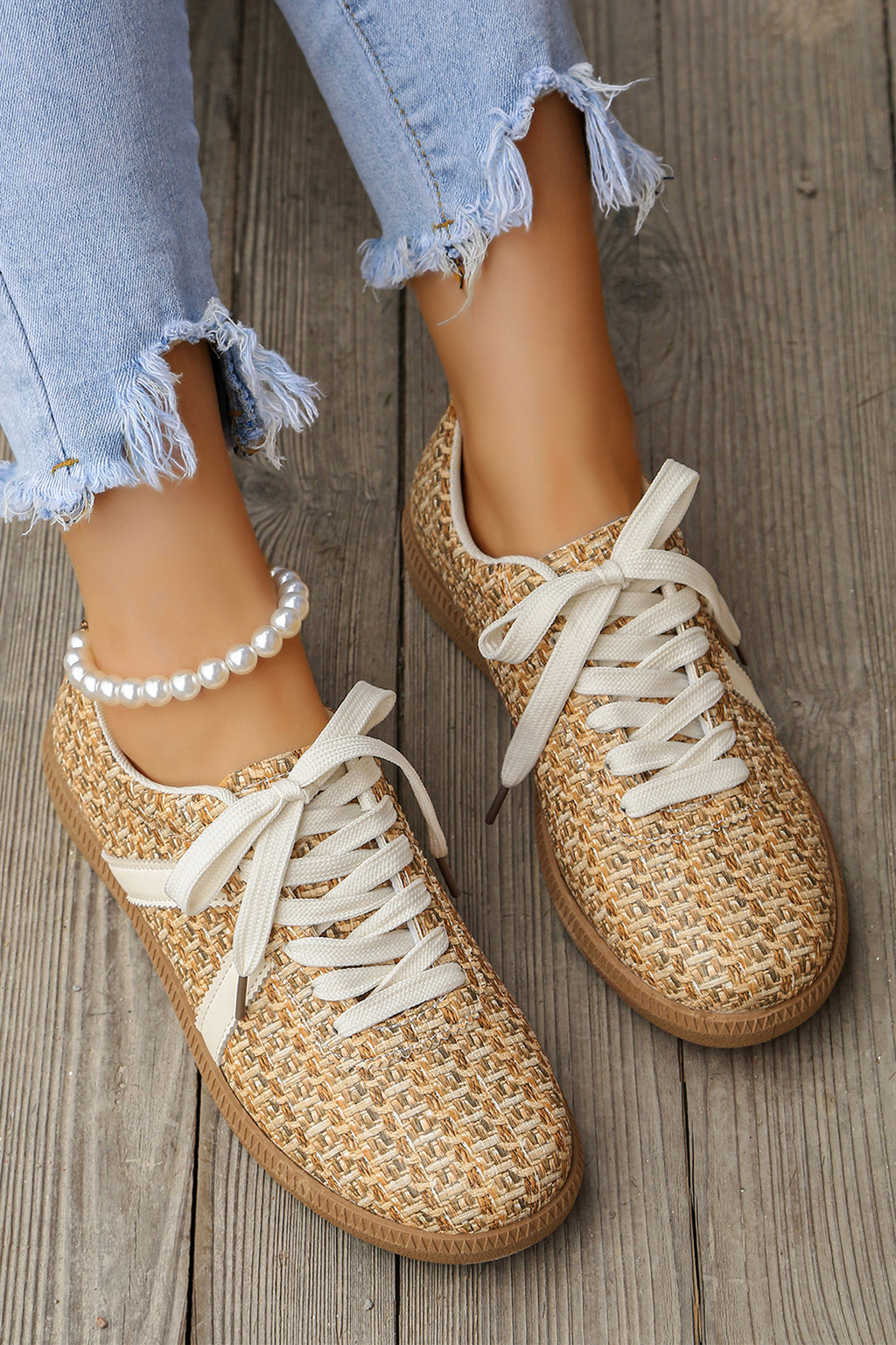 Gold Stylish Woven Lace Up Flat Shoes