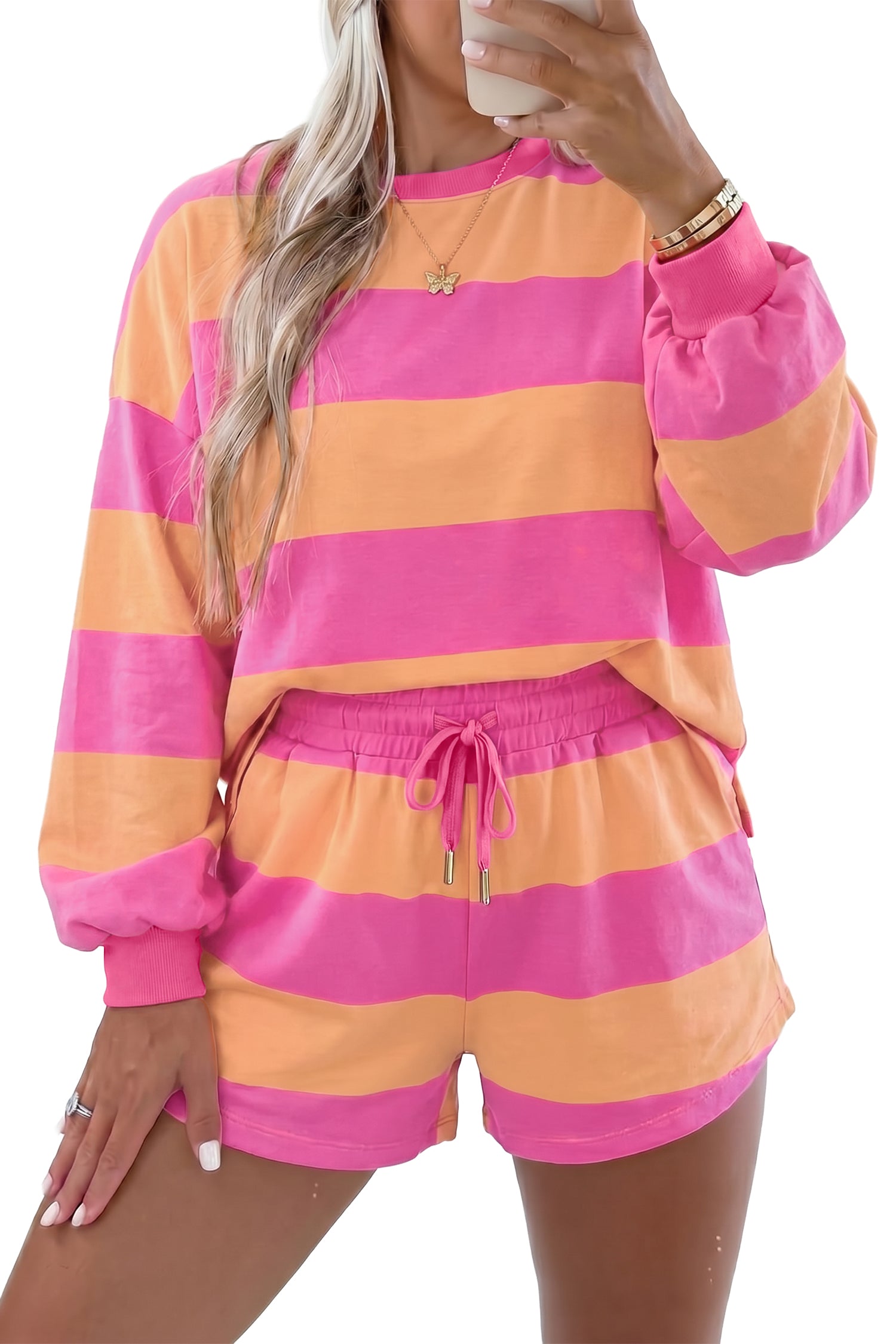 Pink Stripe Long Sleeve Casual Top Drawstring Shorts 2pcs Set