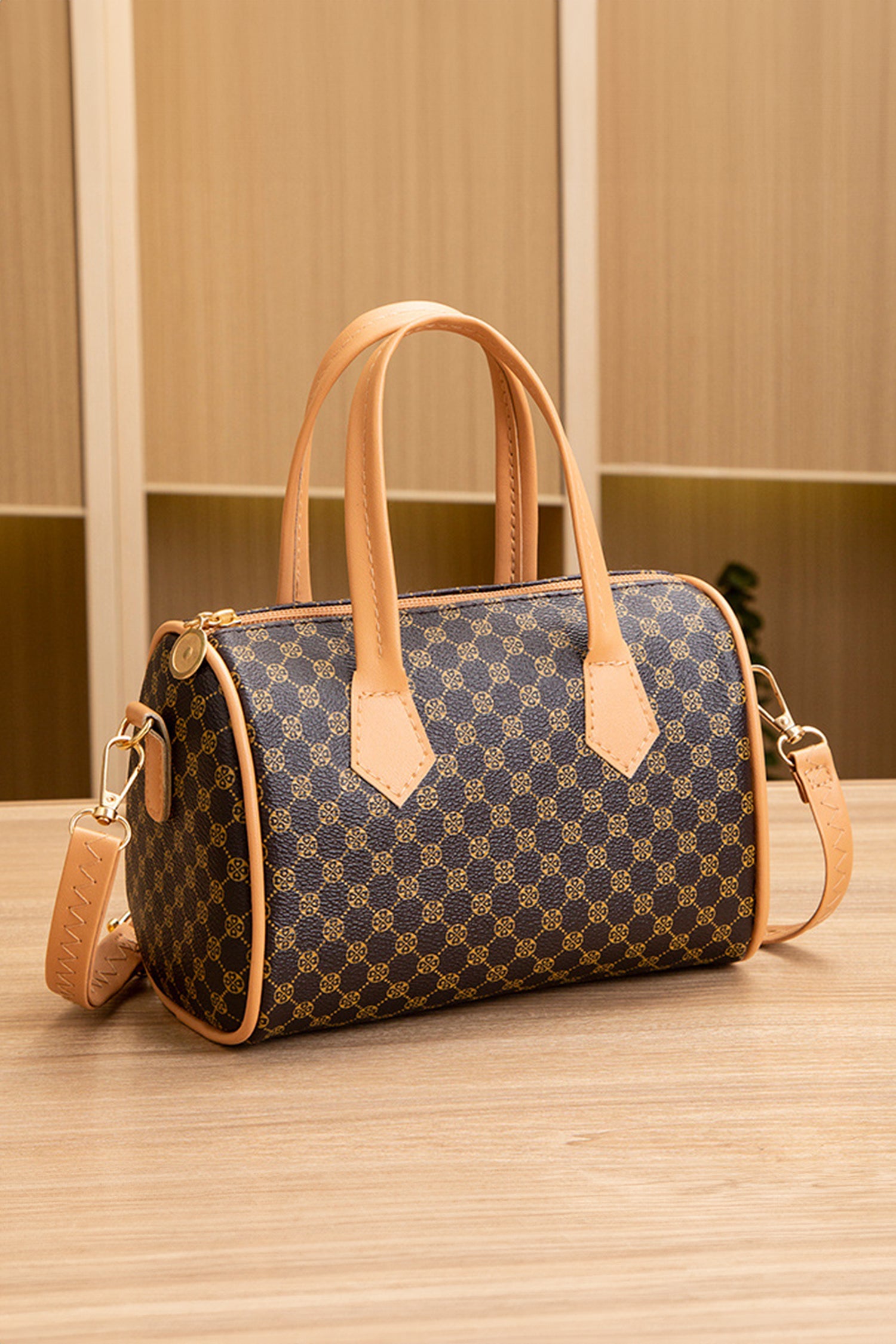 Coffee Retro Geometric Print Portable Shoulder Strap PU Leather Bag