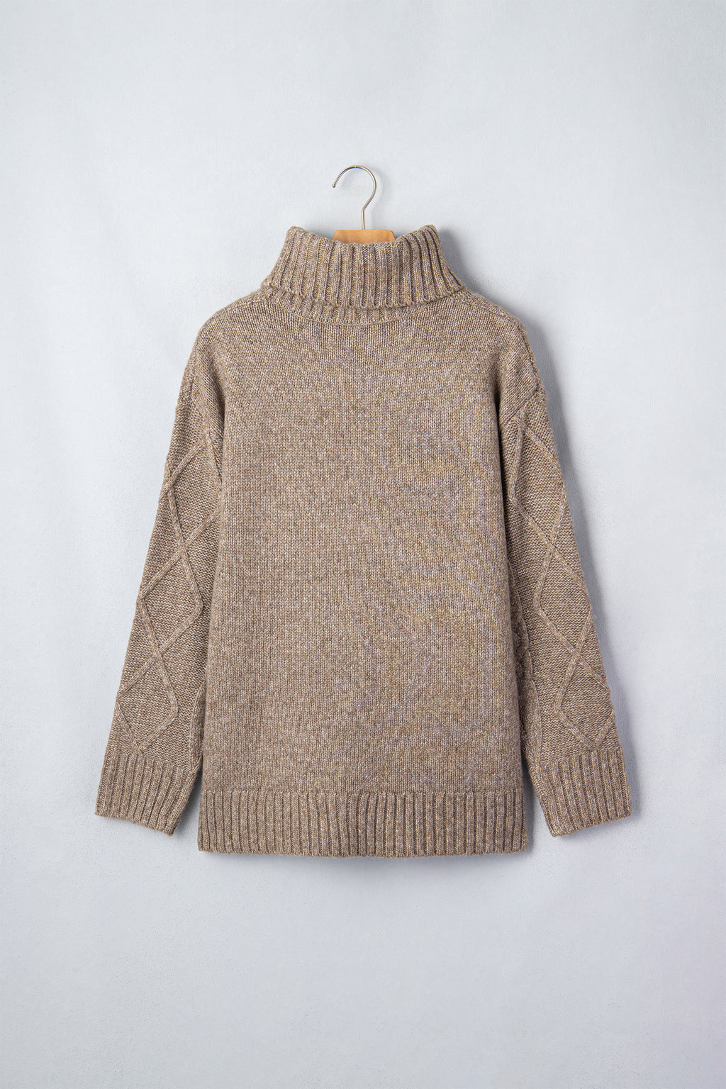 Dark Khaki High Neck Drop Shoulder Cable Knit Regular Length Sweater