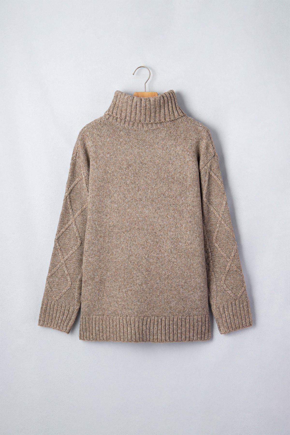 Dark Khaki High Neck Drop Shoulder Cable Knit Regular Length Sweater
