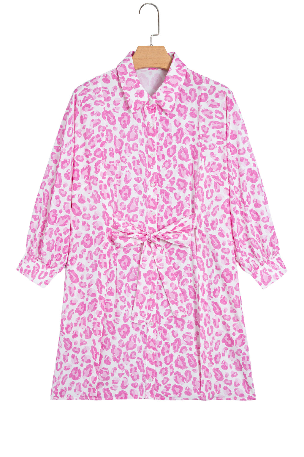 Pink Abstract Leopard Print Tie Waist Puff Sleeve Mini Shirt Dress
