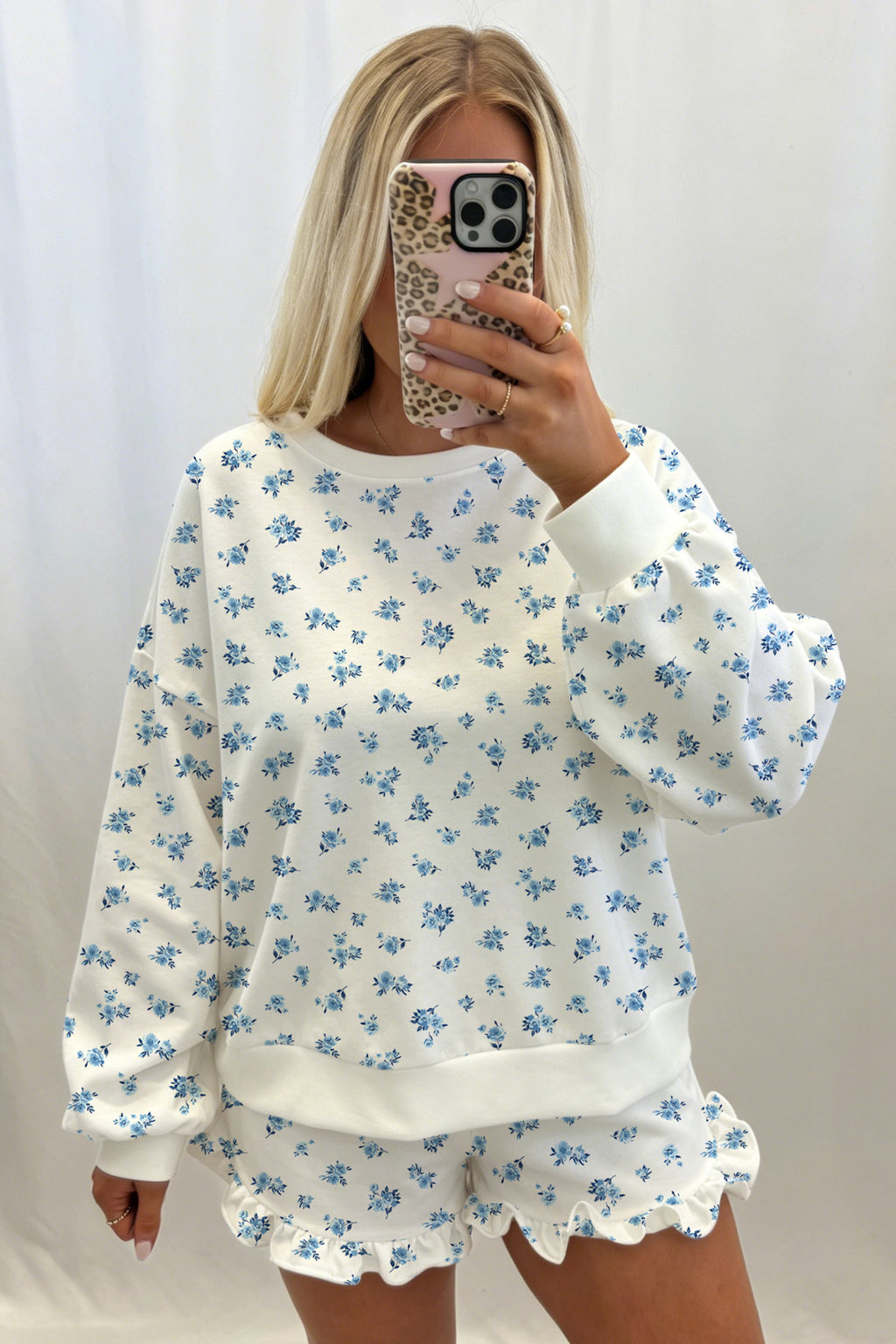Sky Blue Floral Print Long Sleeve Top Elastic Waist Ruffle Hem Shorts 2pcs Set